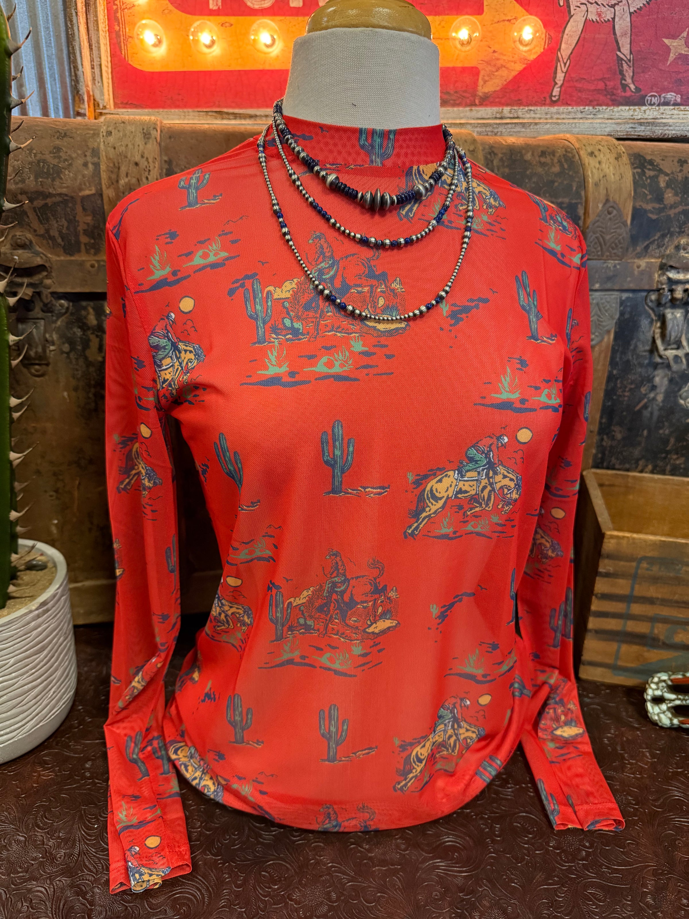TH Red Western Print Mesh