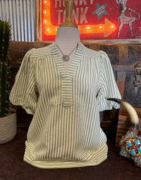 SS Green Stripe Vneck SS