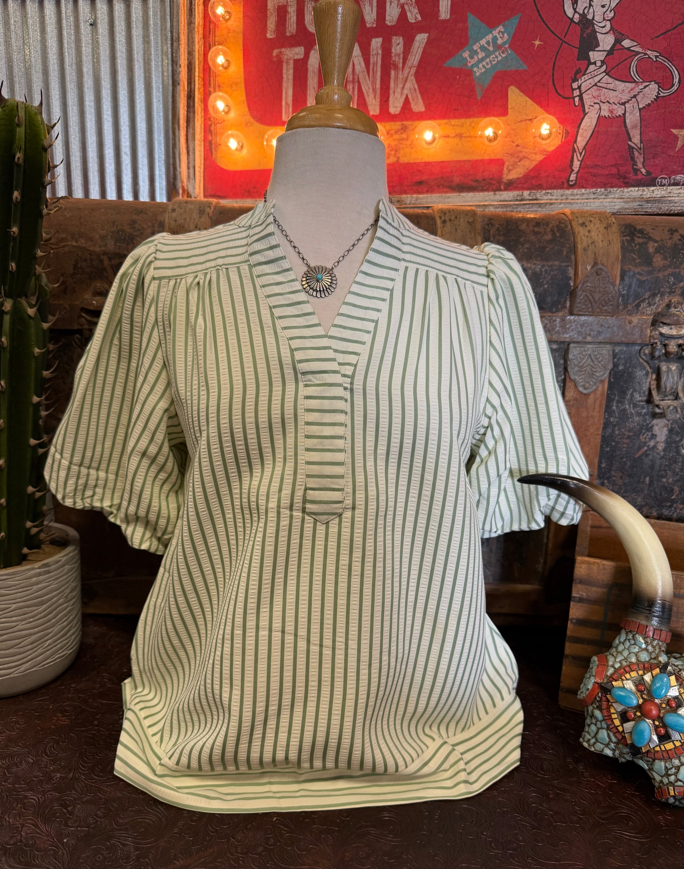 SS Green Stripe Vneck SS