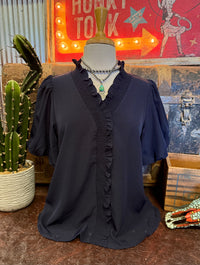 SS Smocked Neck Navy Top