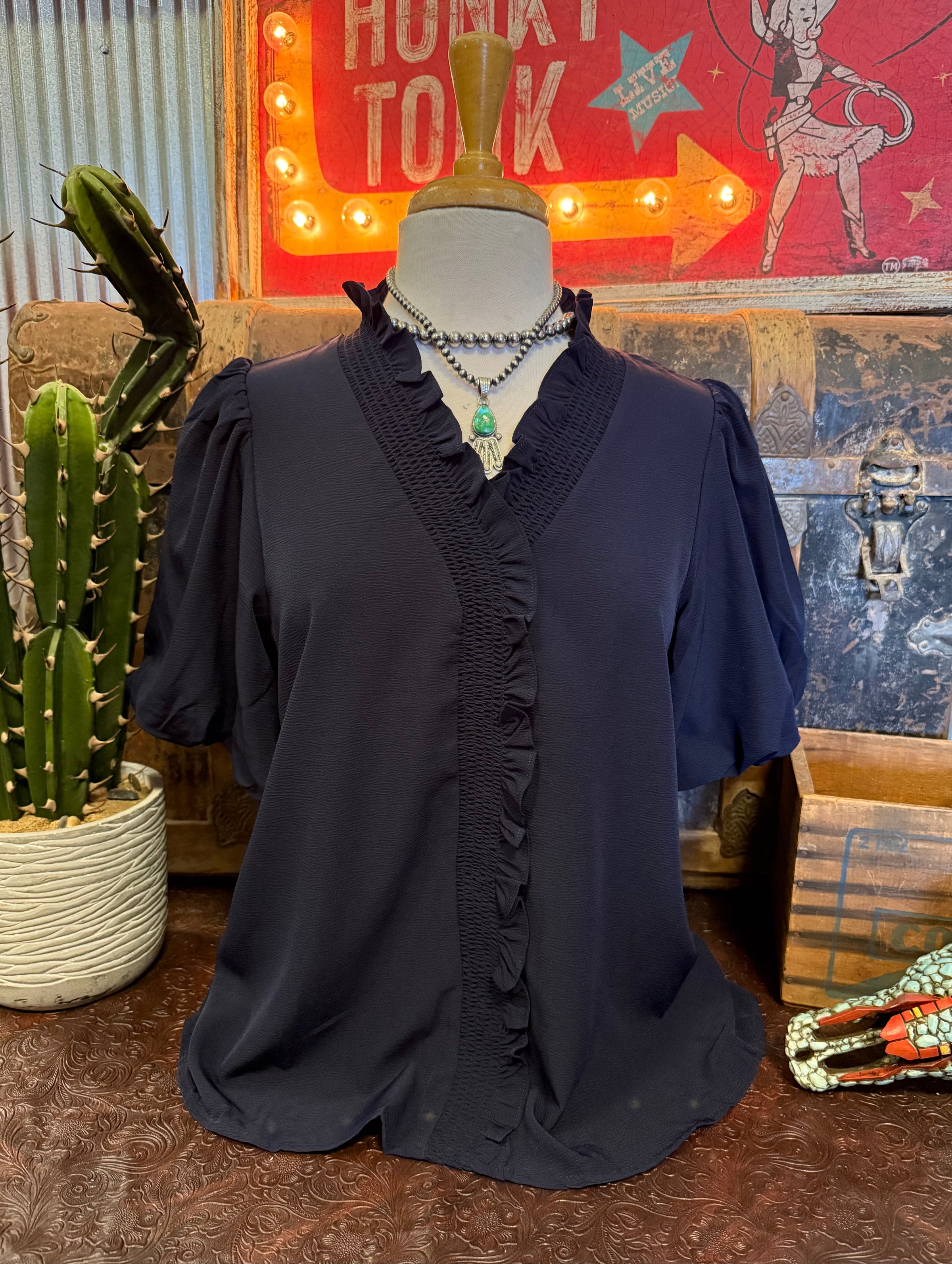 SS Smocked Neck Navy Top