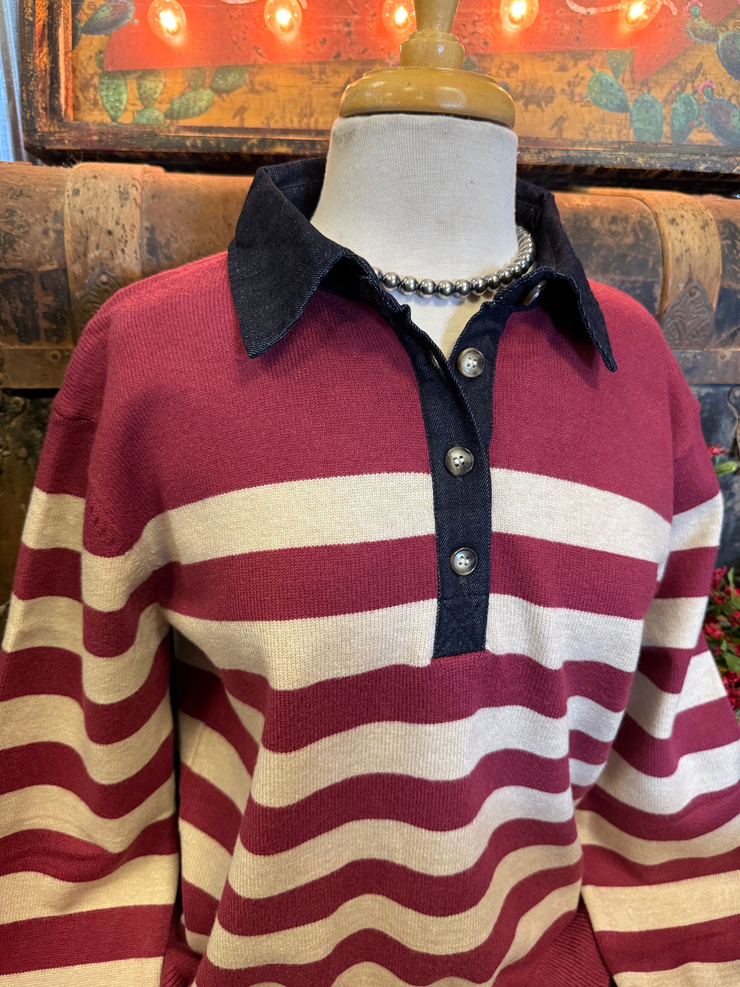 SS Taupe/Burgundy Stripe Sweater
