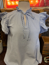 SS Light Blue Stripe Ruffle Top