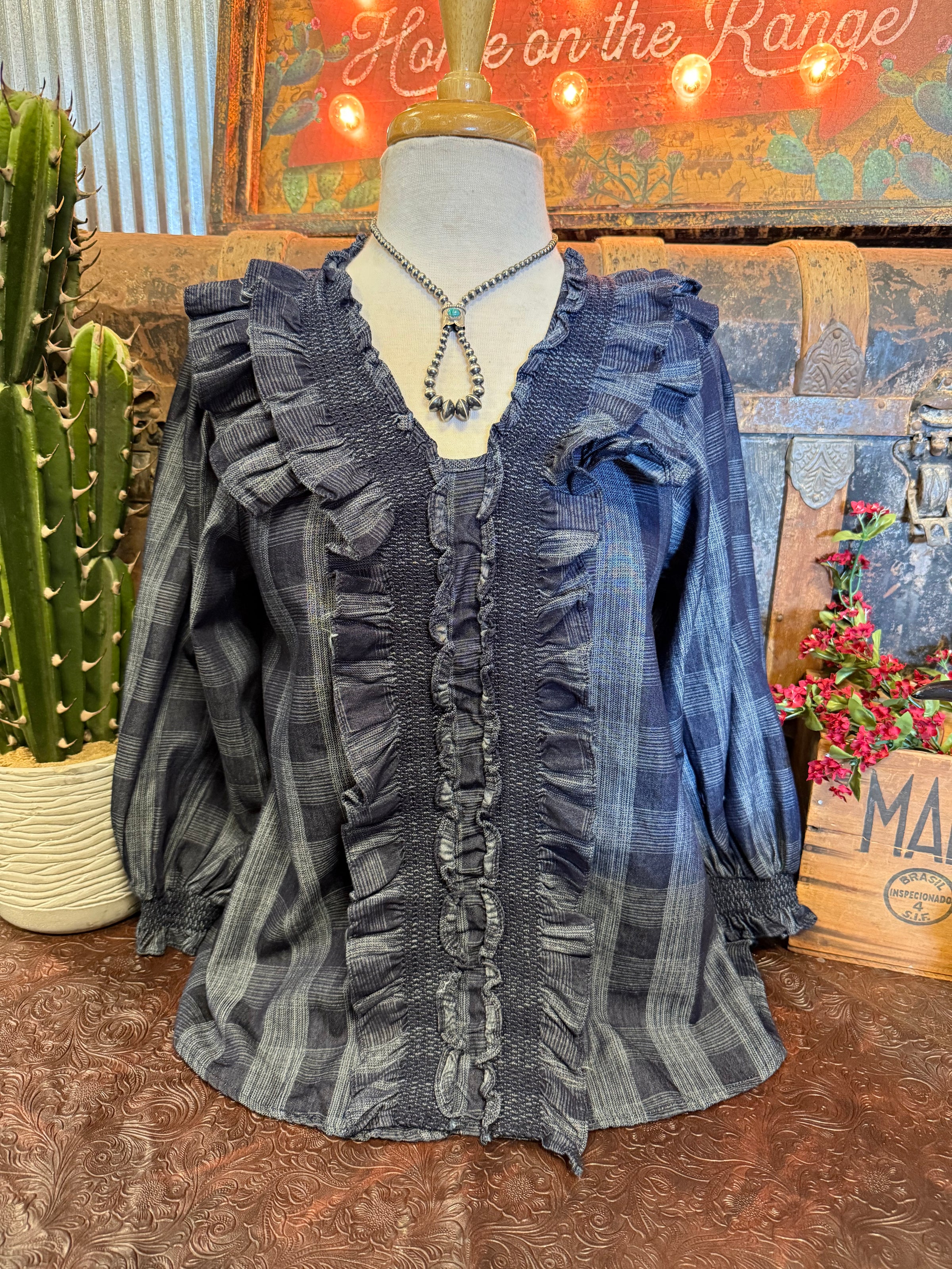 ES Denim Plaid Ruffle LS