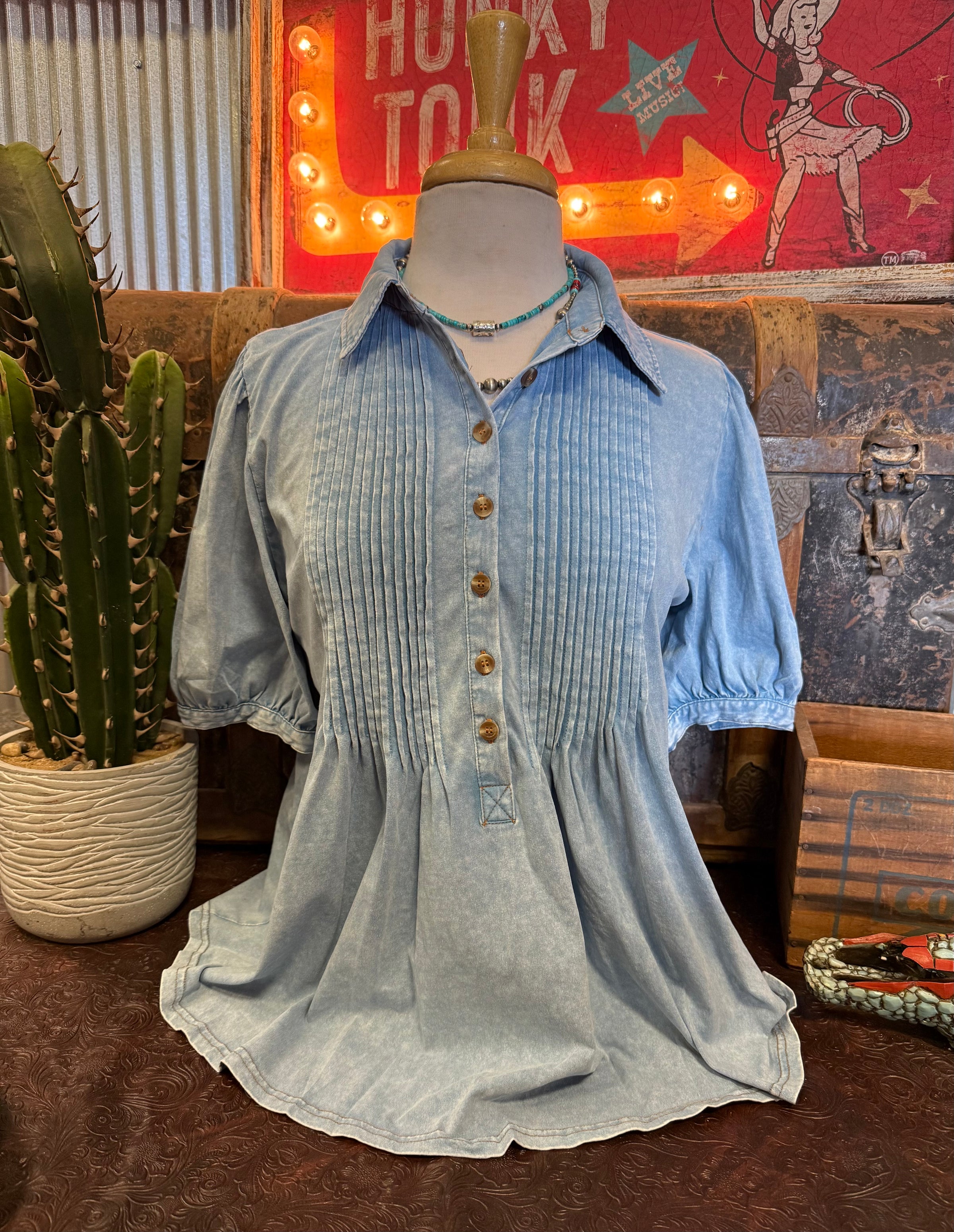 ES Dusty Blue Pleated Top
