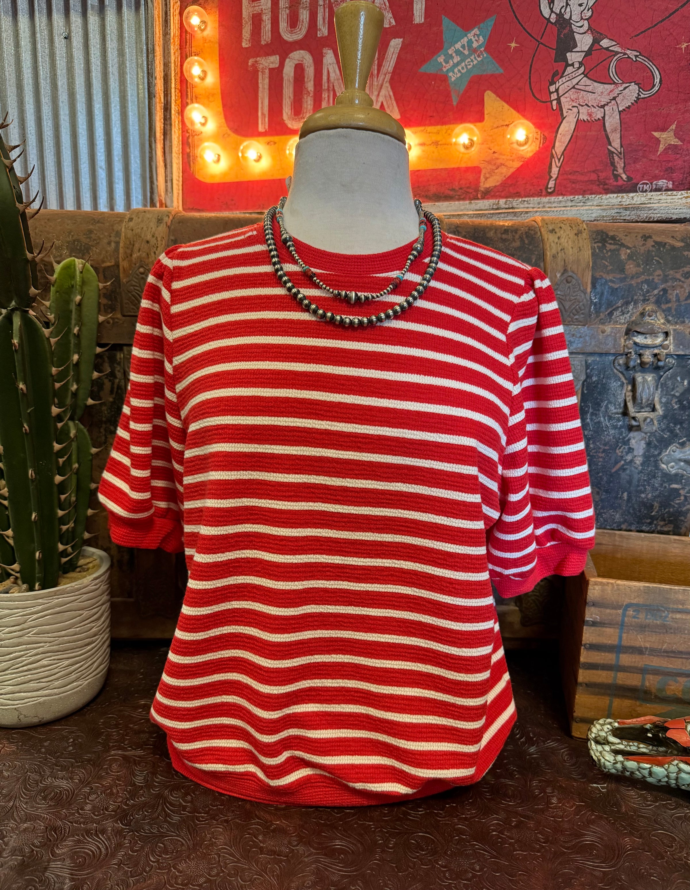 TB Red White Stripe Puff Sleeve