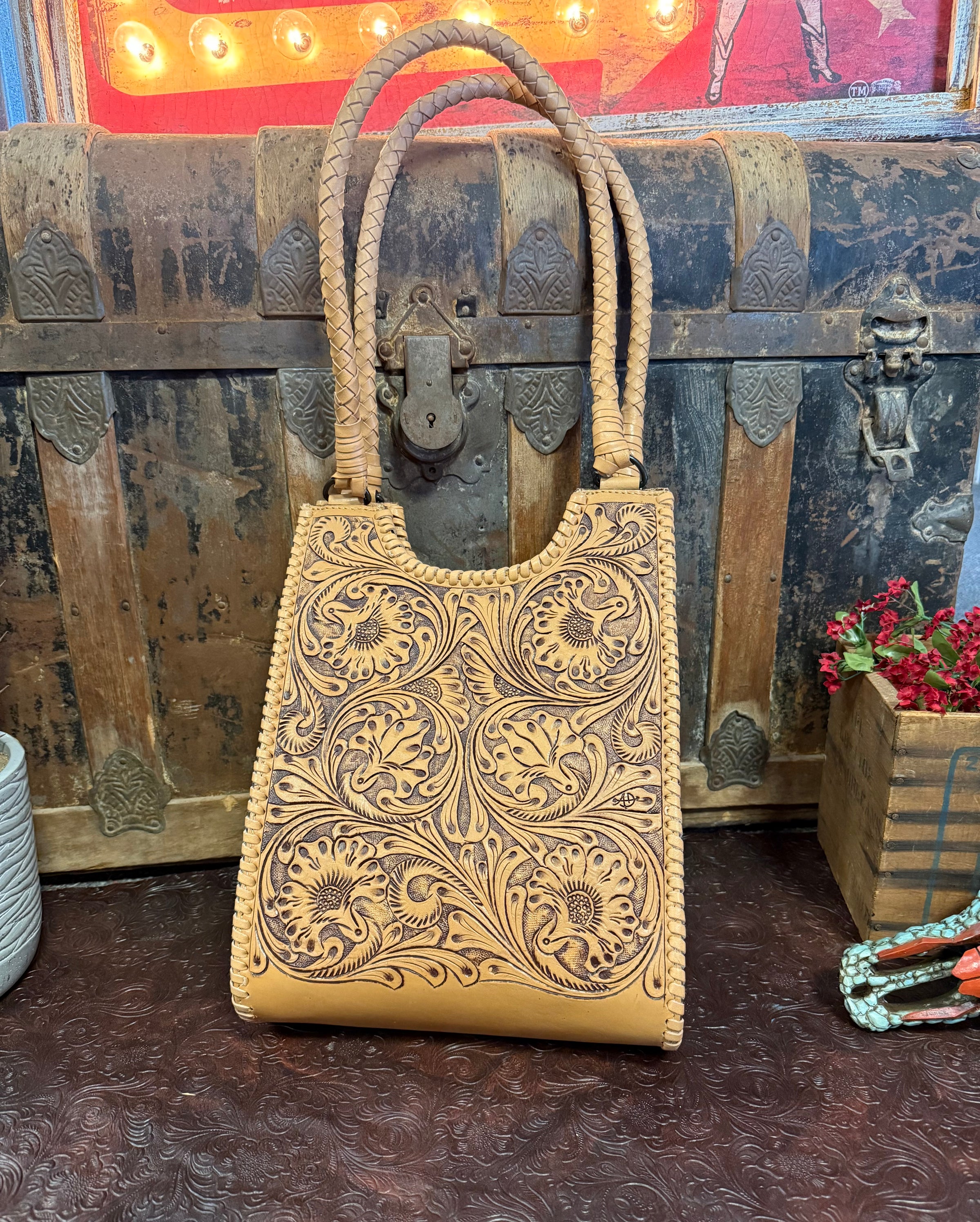 AD Tan Tooled Leather Bag