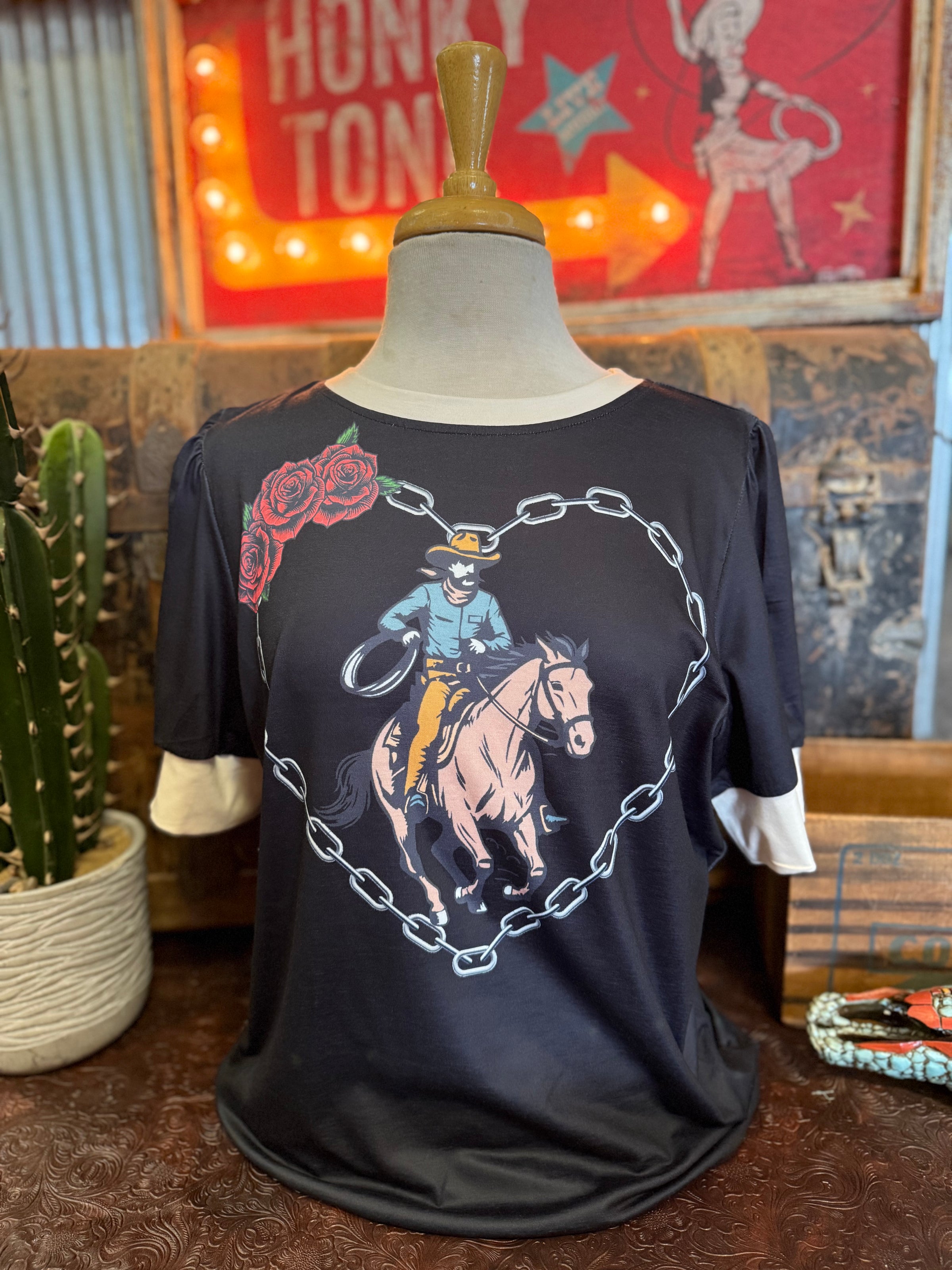 LB Black Western Heart Top