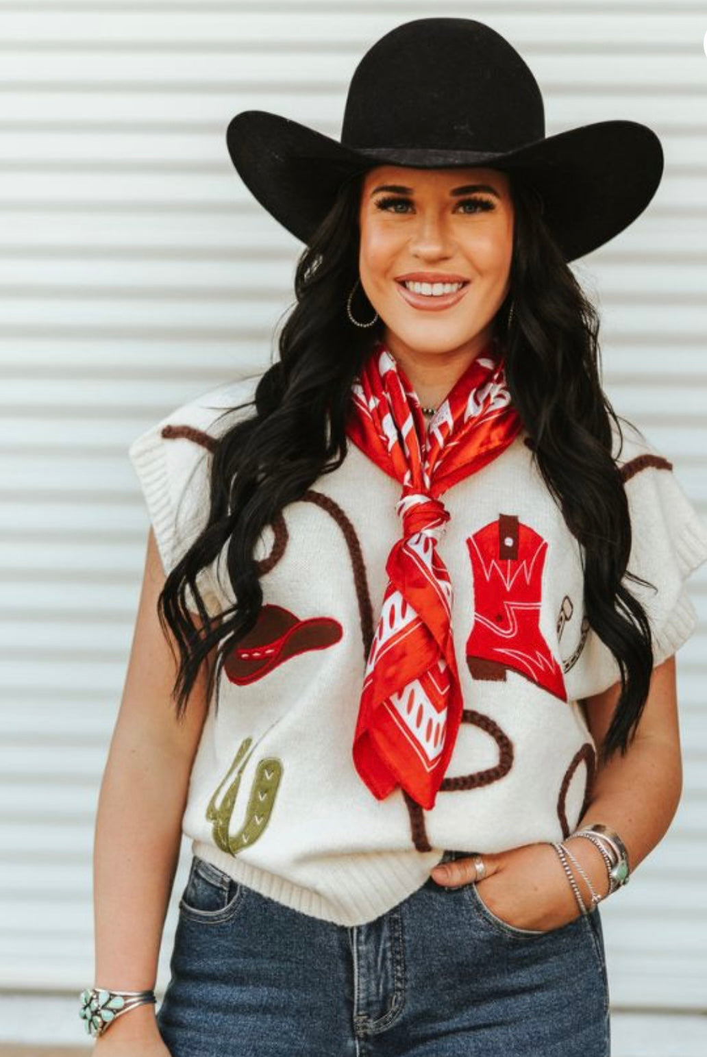 LB White Western Sweater Vest