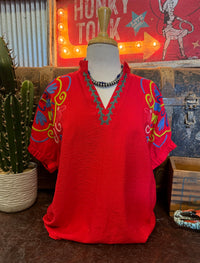 UM Tomato Red Embroidered Top