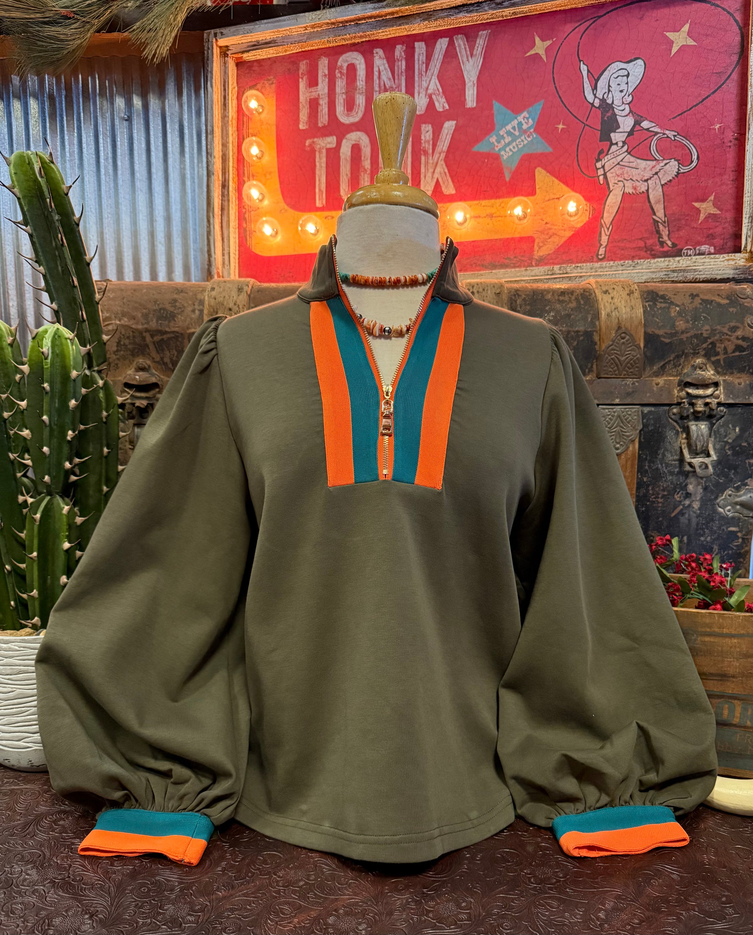 JD Olive Half Zip Balloon Sleeve