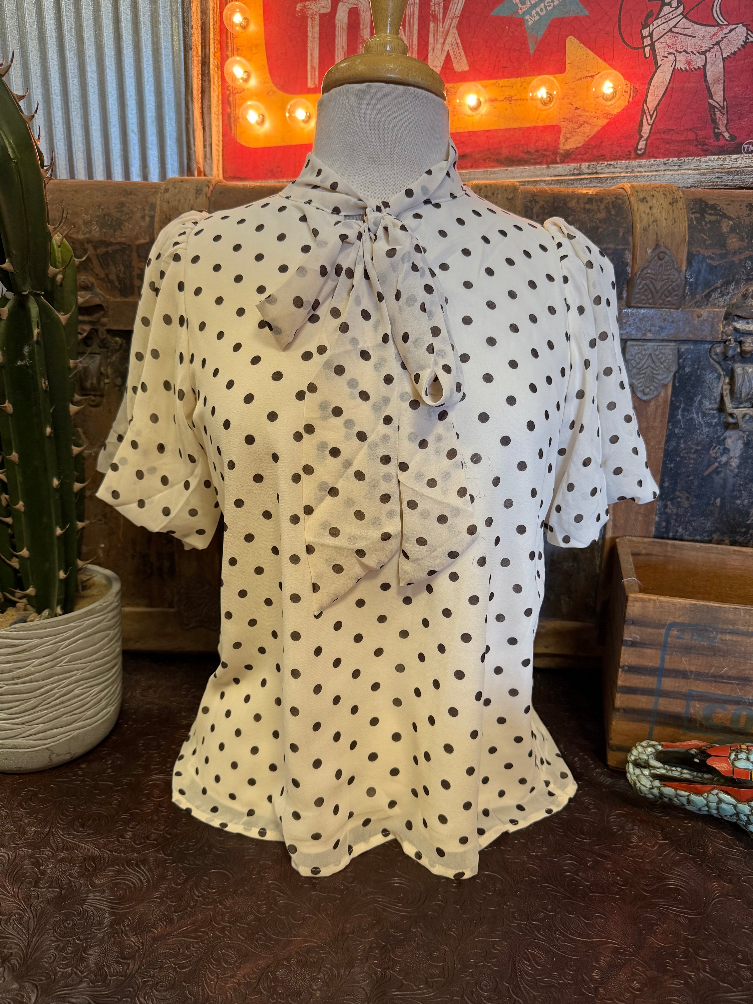 SS Cream Polka Dot Bow Top