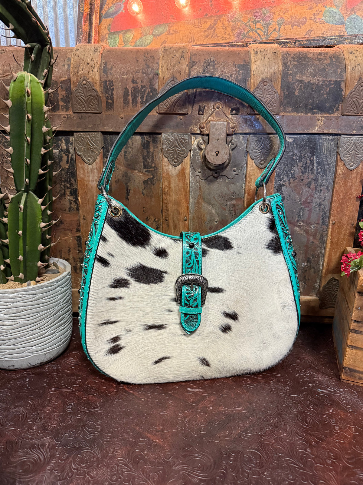 WL Turquoise/Black White Hide Handbag