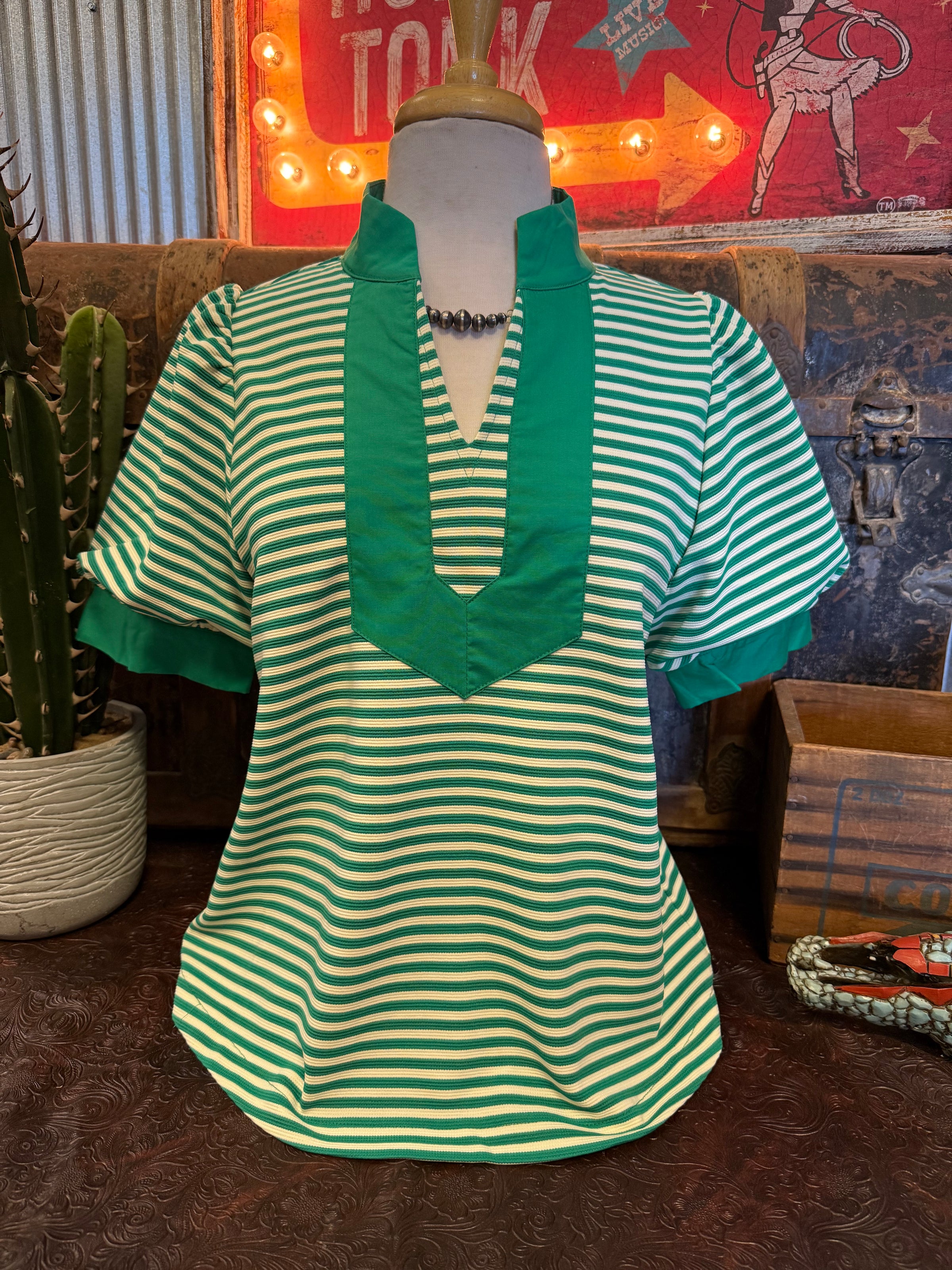 JD Kelly Green Stripe Puff Sleeve