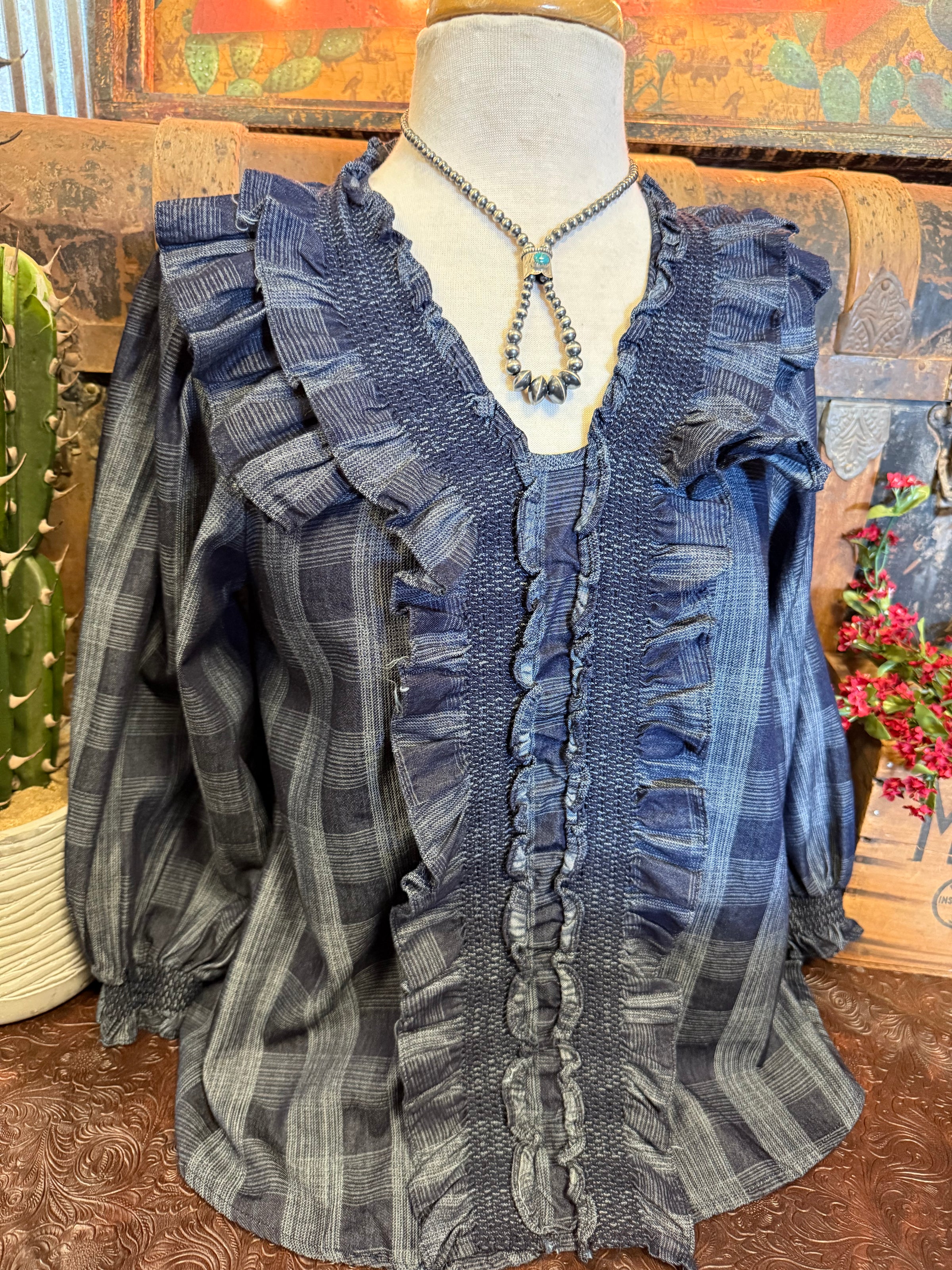 ES Denim Plaid Ruffle LS