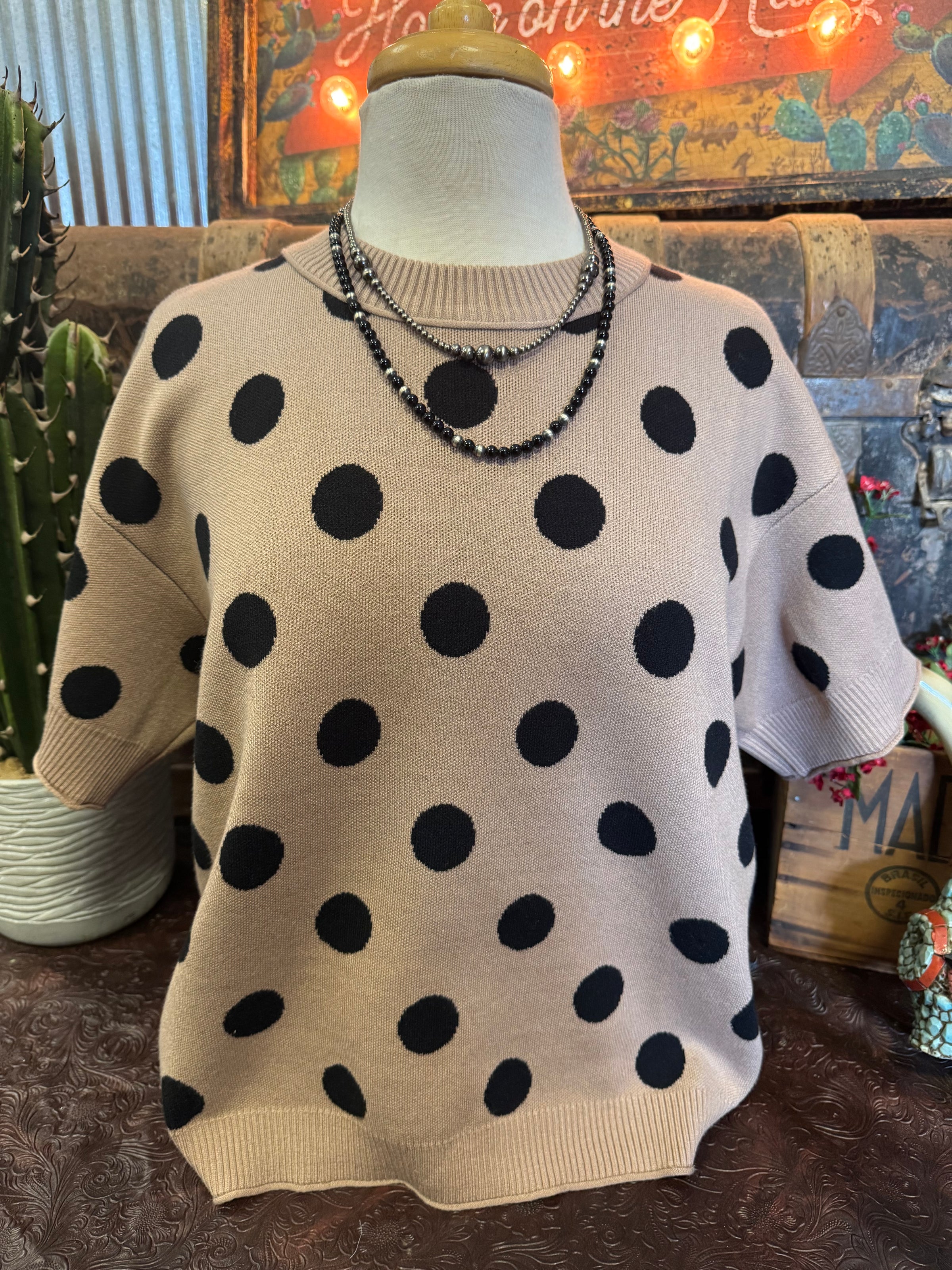 JD Tan Polka Dot SS Sweater