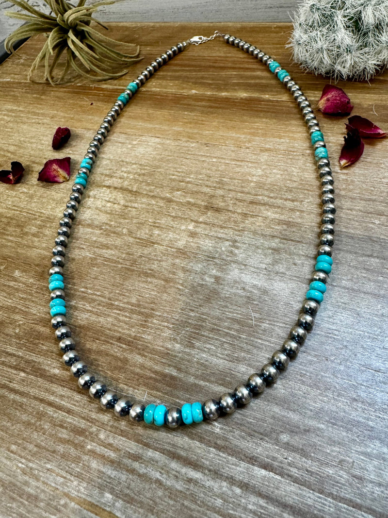 23 Inch 6 mm Sterling Silver Pearls necklace with turquoise rondelle - Blue