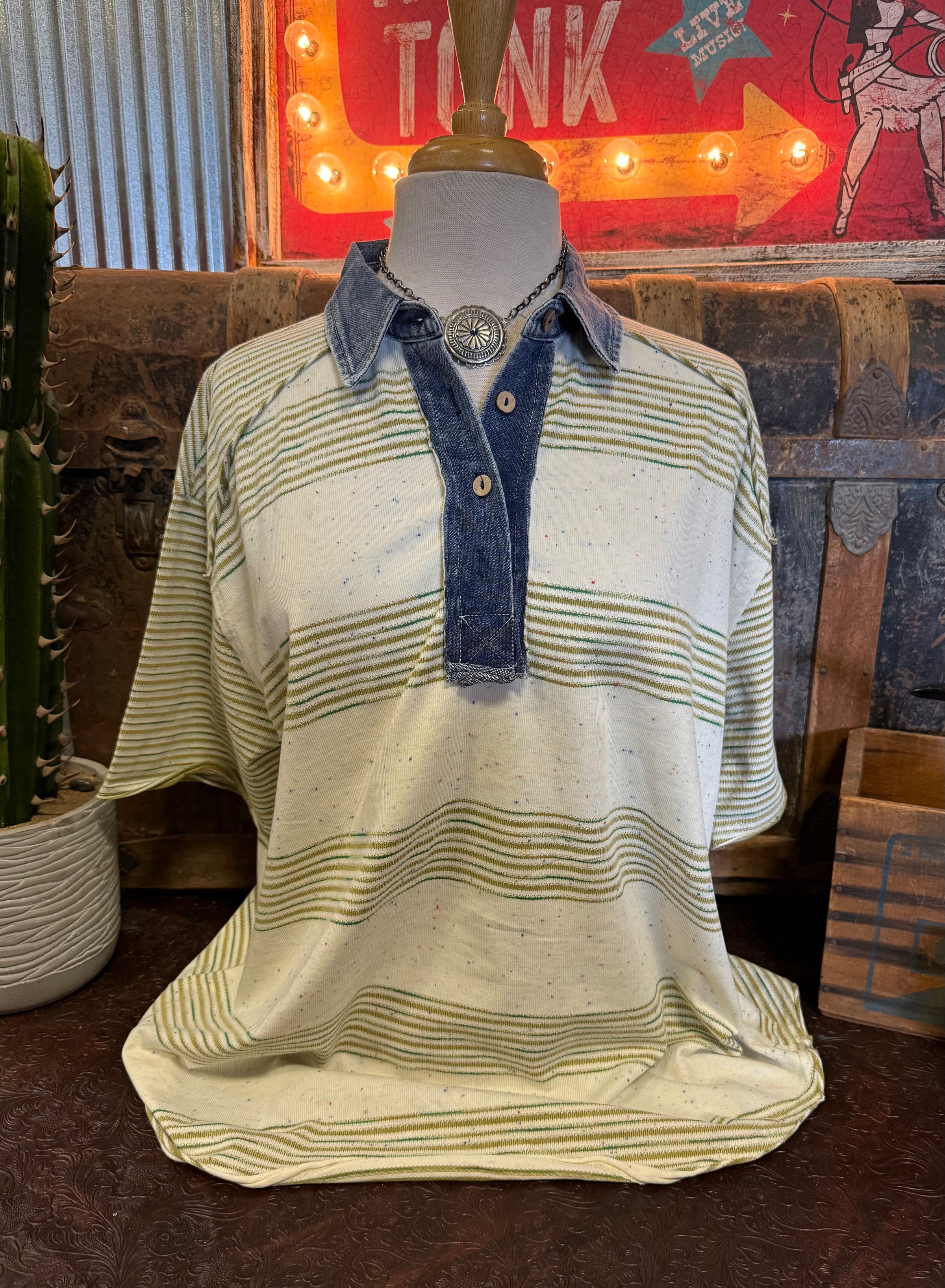 ES Olive Stripe Collard Top