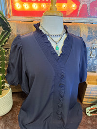 SS Smocked Neck Navy Top