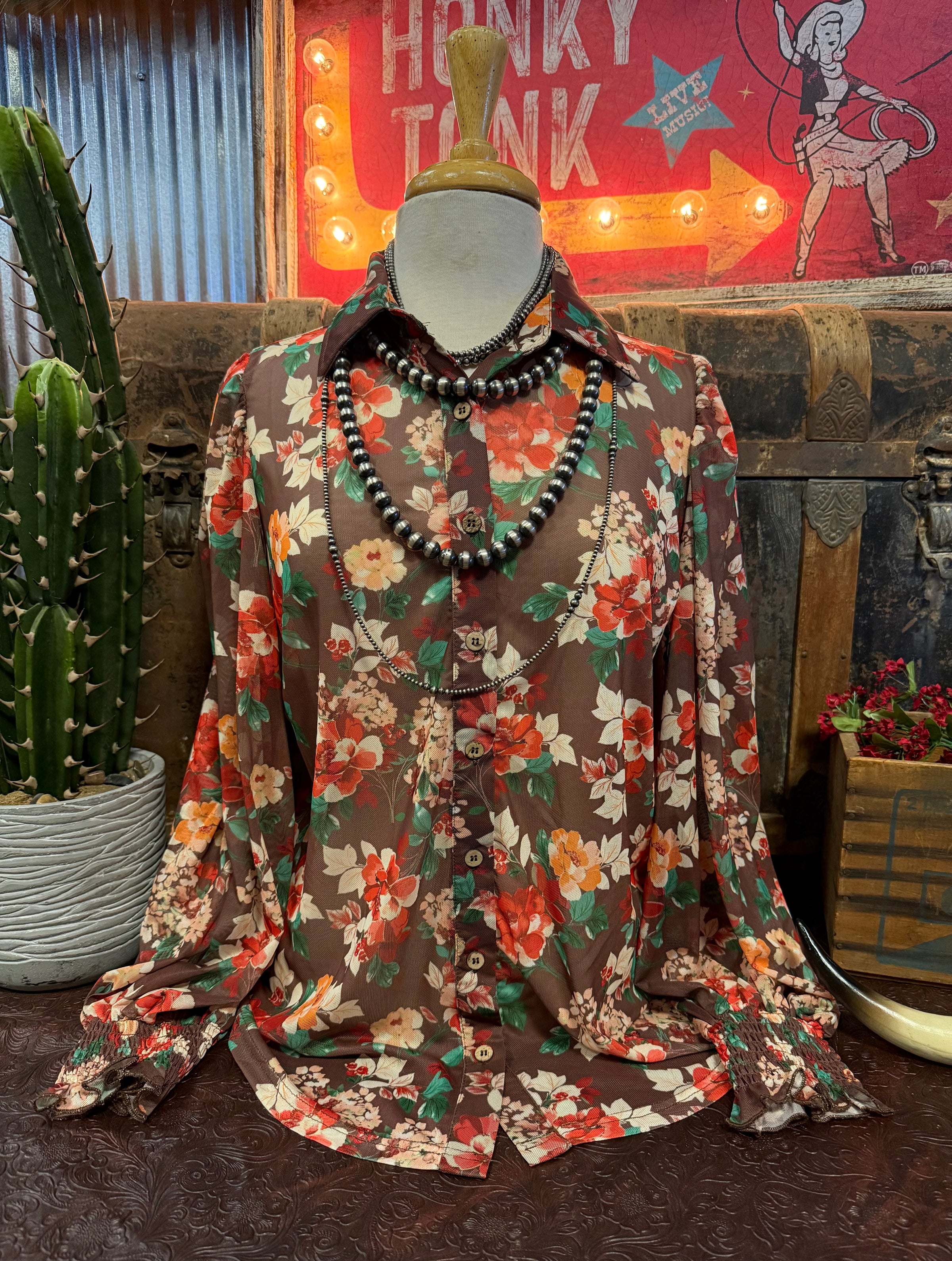 TH Brown Floral Button Up