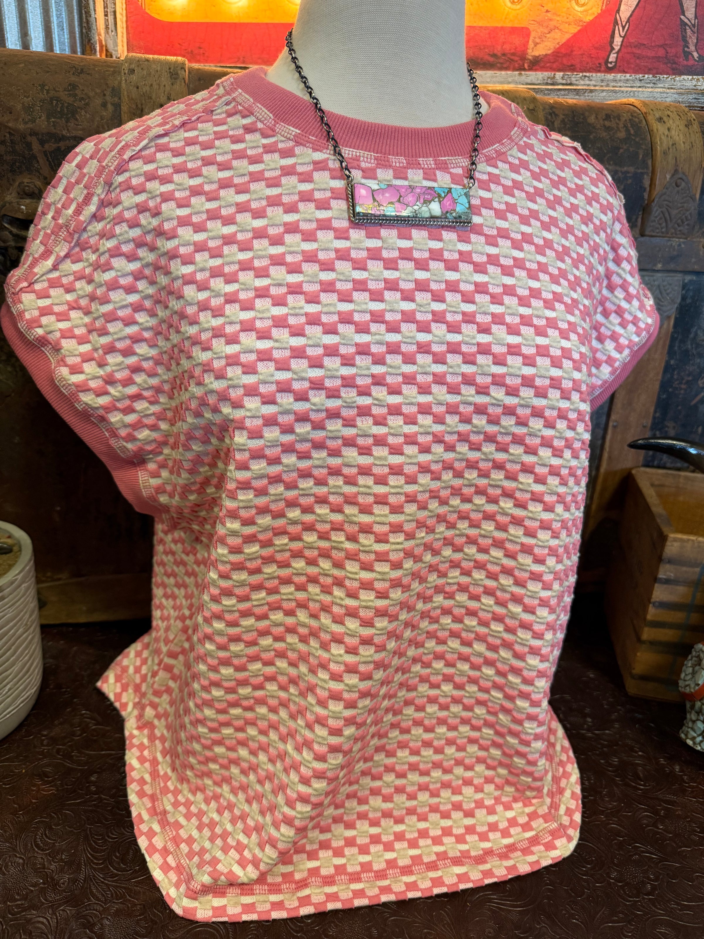 VJ Pink Cream Checkered Top