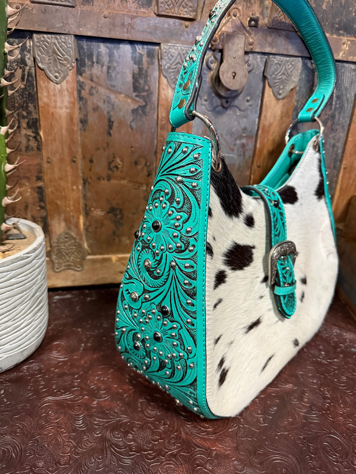 WL Turquoise/Black White Hide Handbag