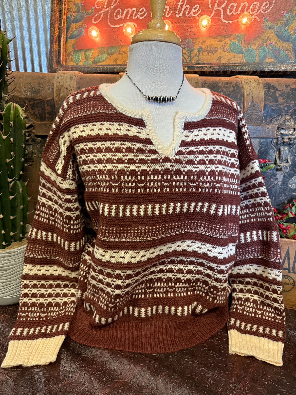 LS Brown Cream Vneck Sweater