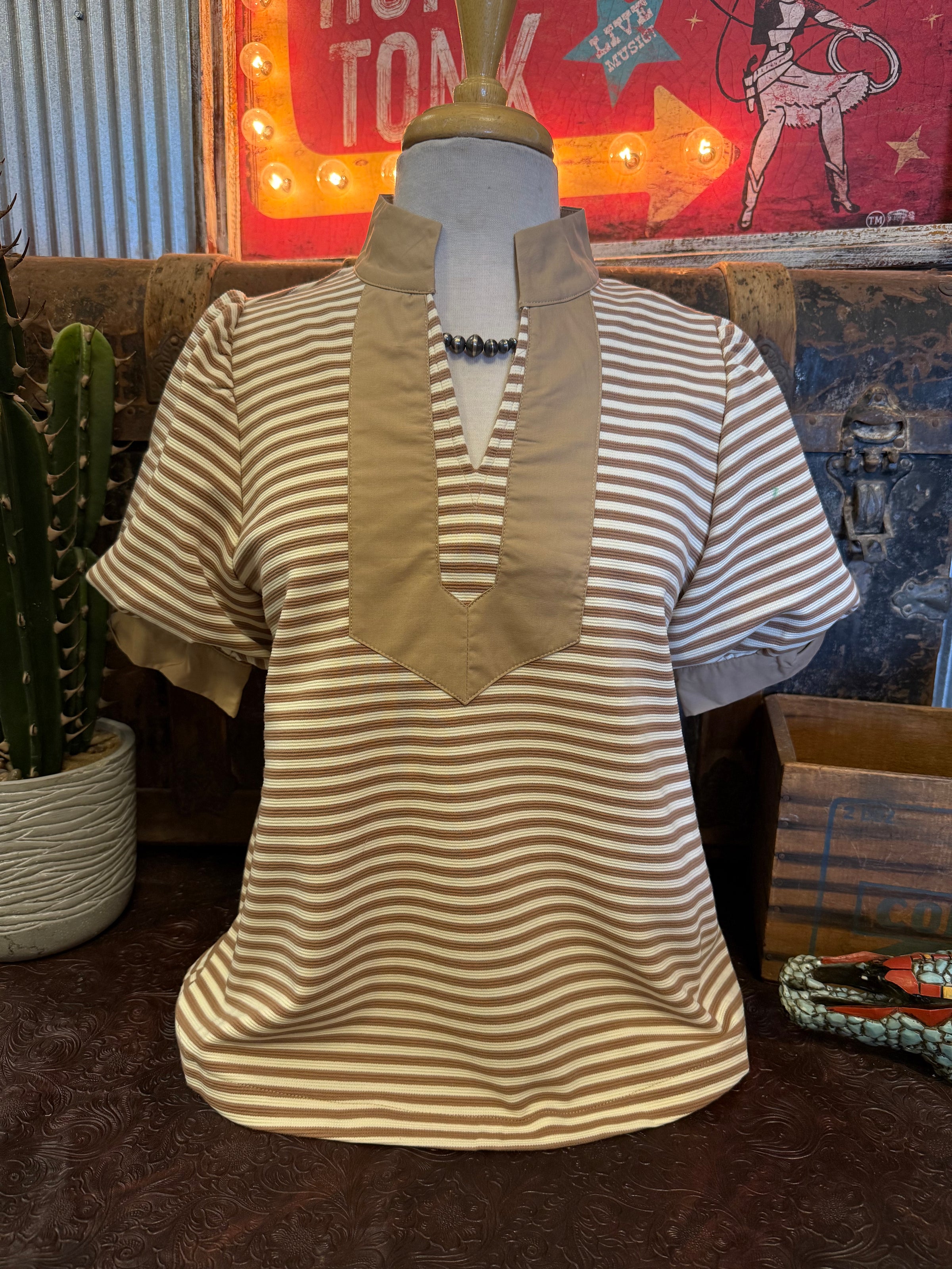 JD Taupe Striped Puff Sleeve