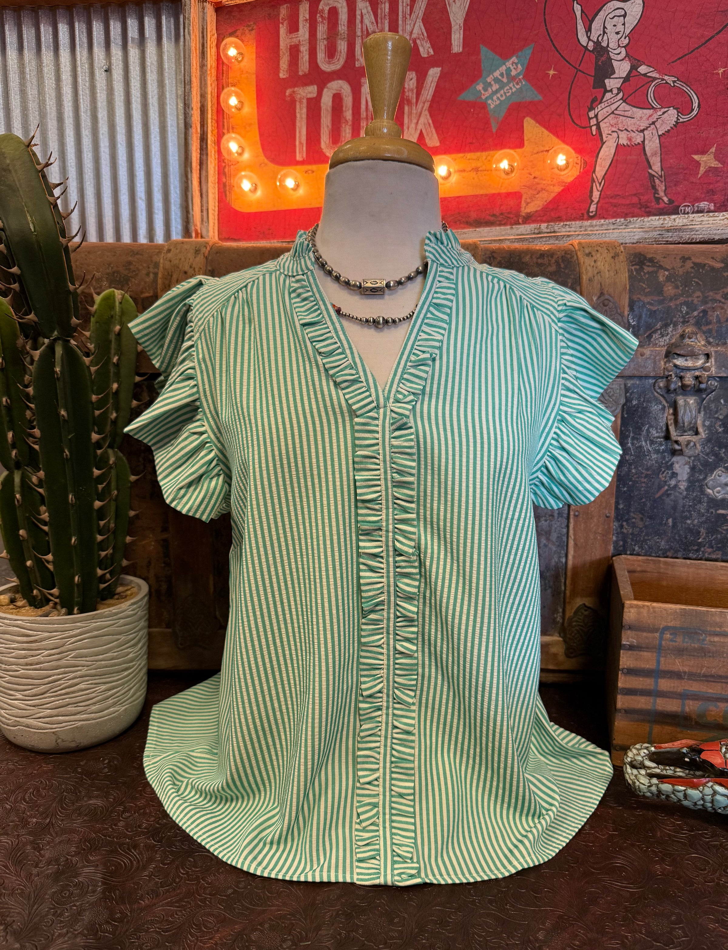 UM Green Stripe Ruffle Sleeveless