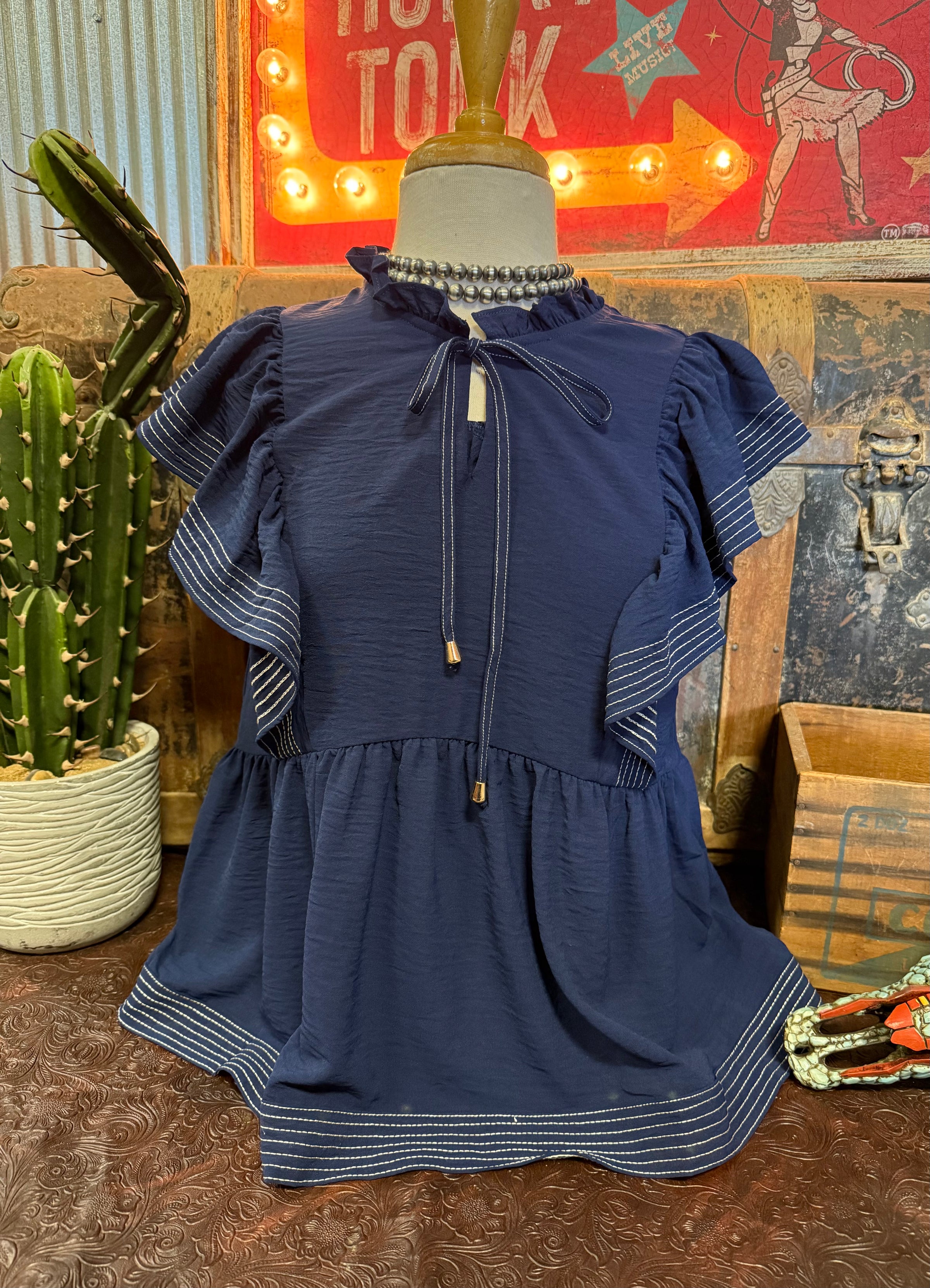 SS Navy Ruffled Top
