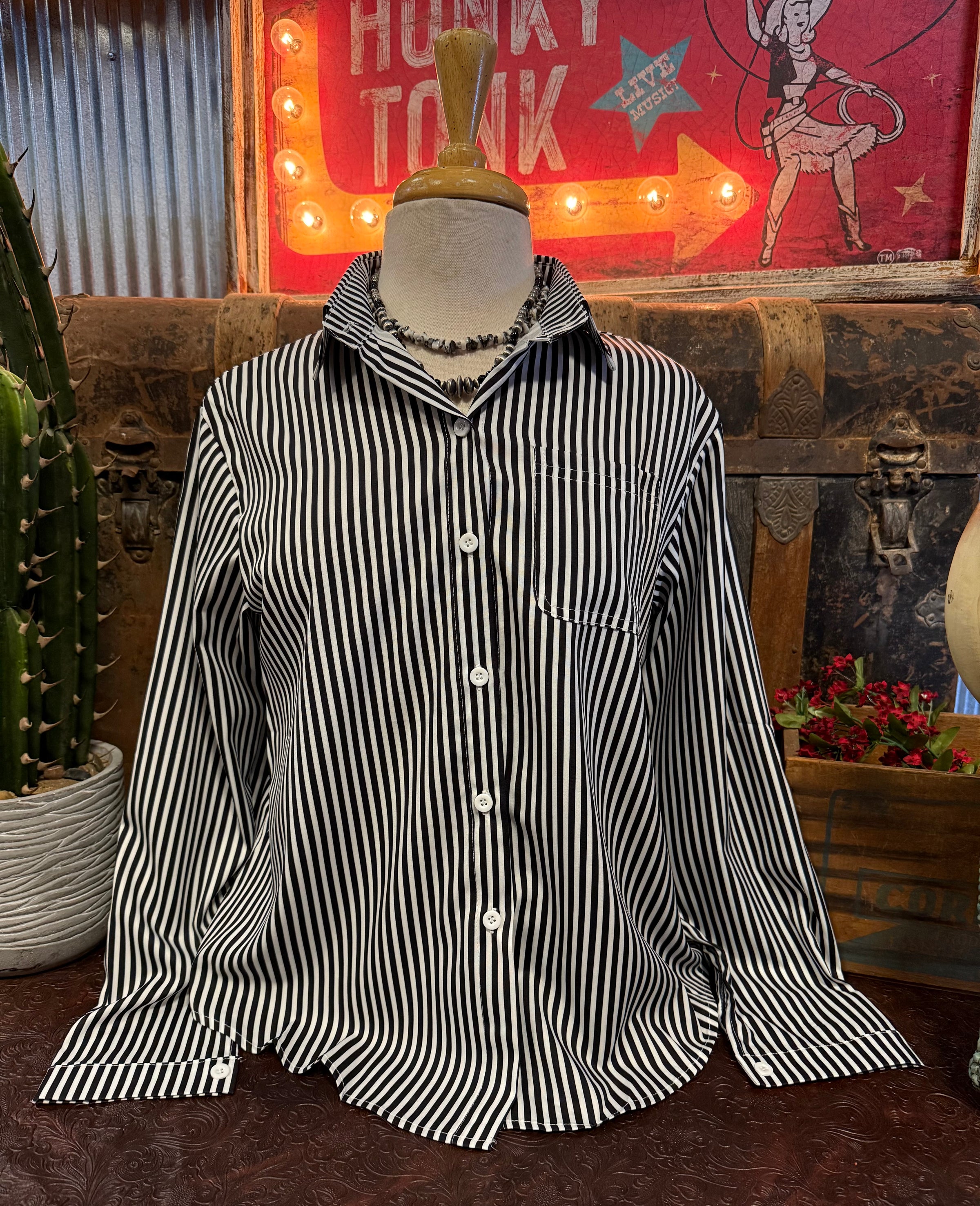 AM Black Striped Button Up