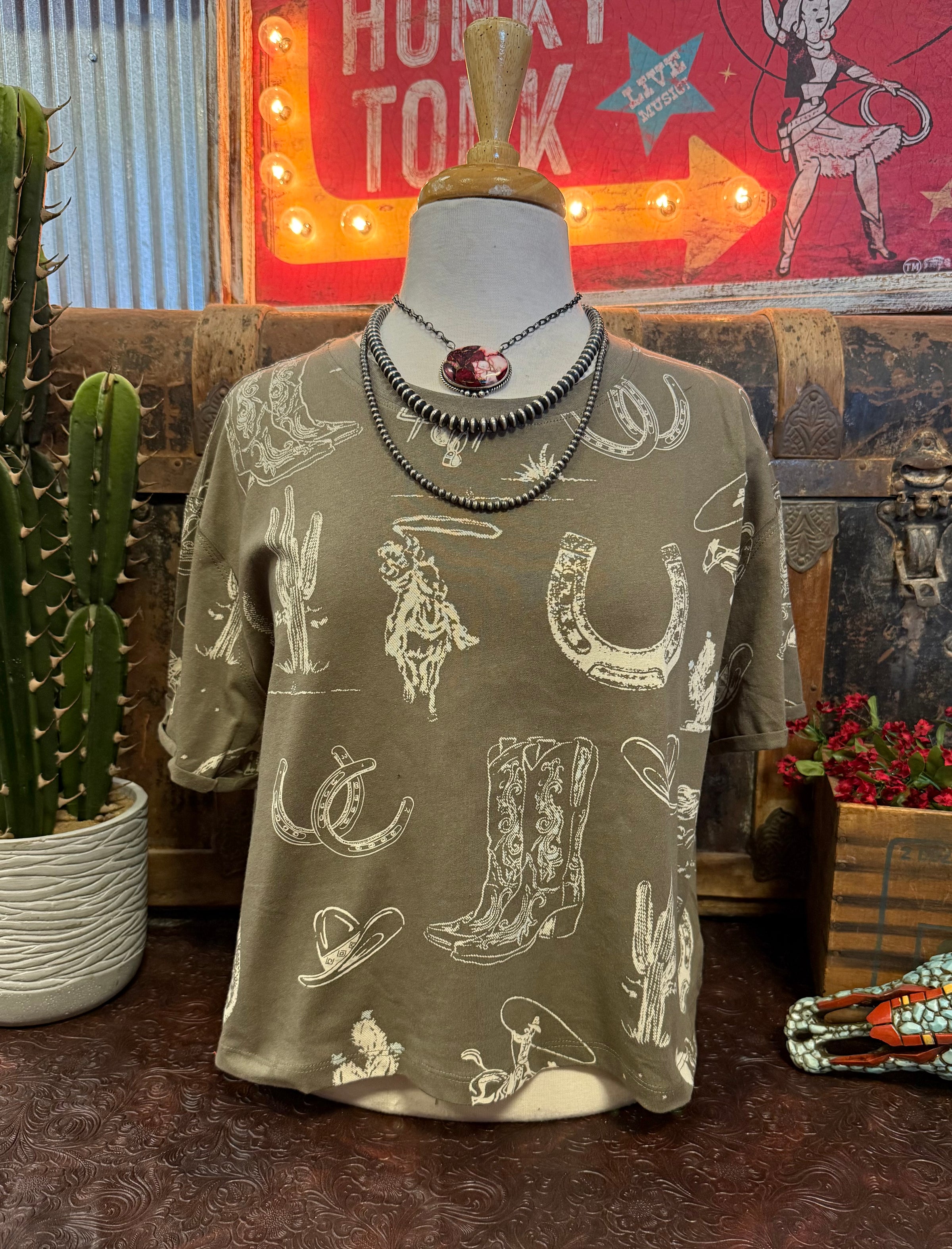 TY Olive Western Print Tee