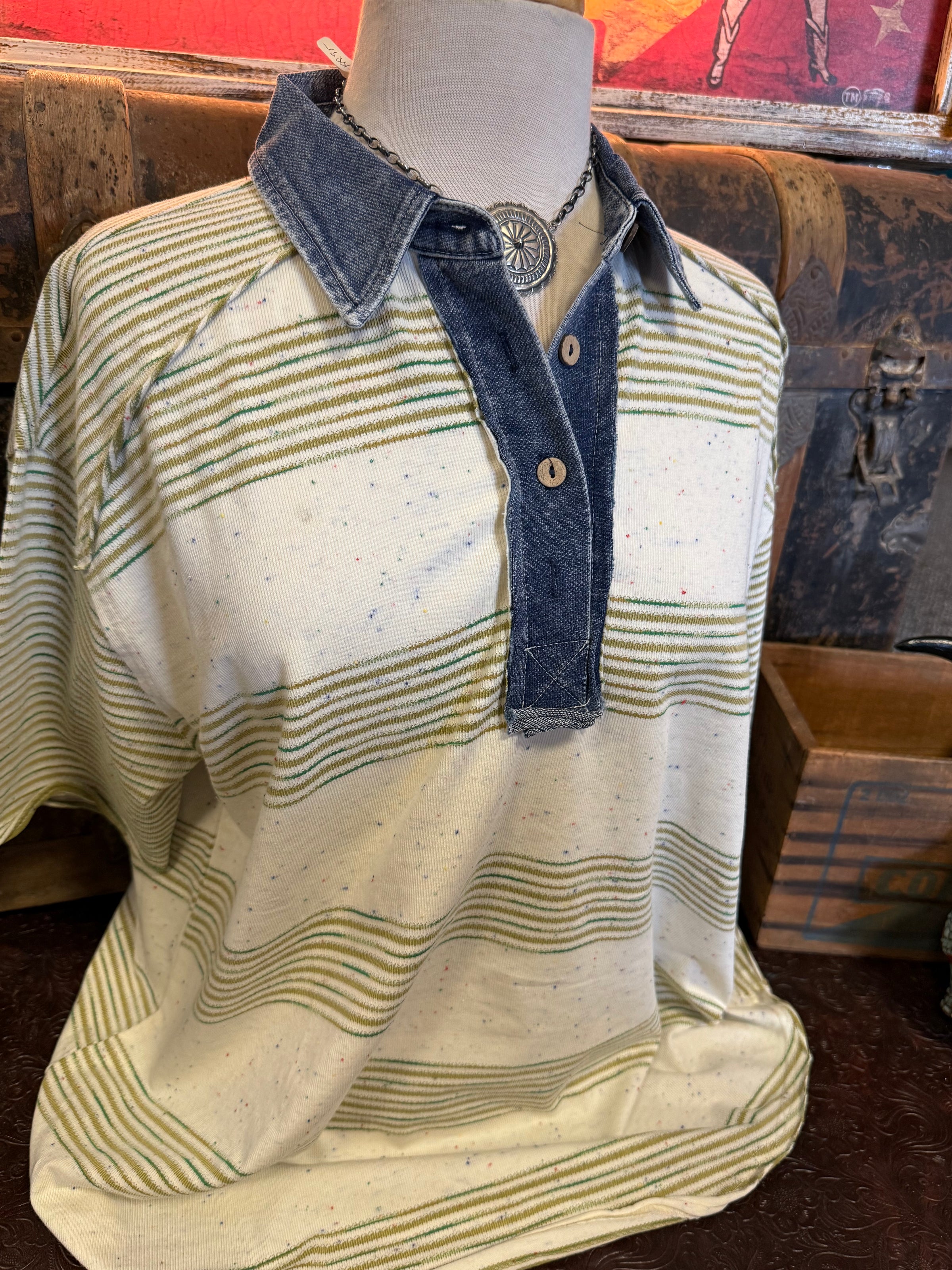 ES Olive Stripe Collard Top