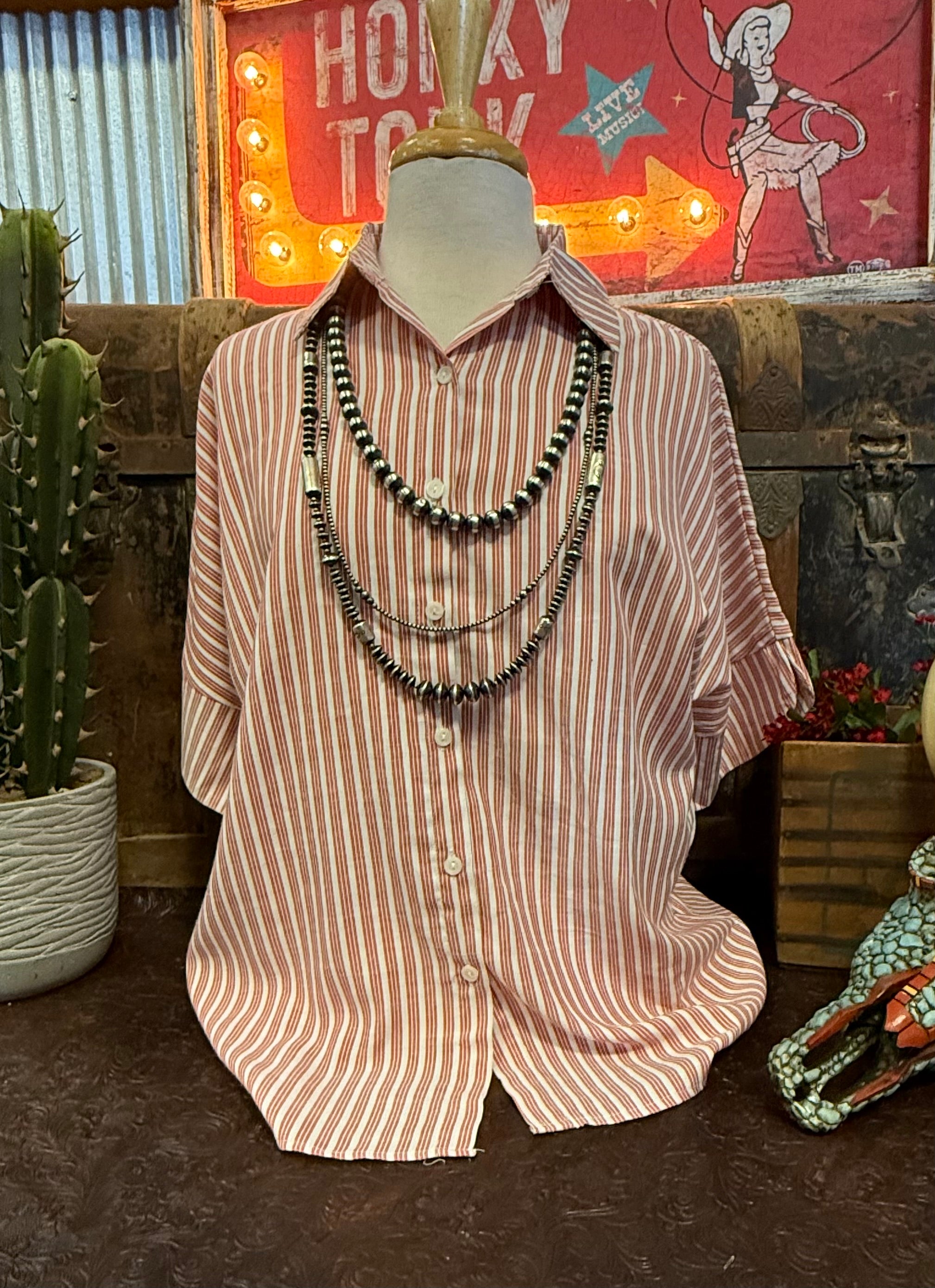 TM White/Red Stripe Button Up SS