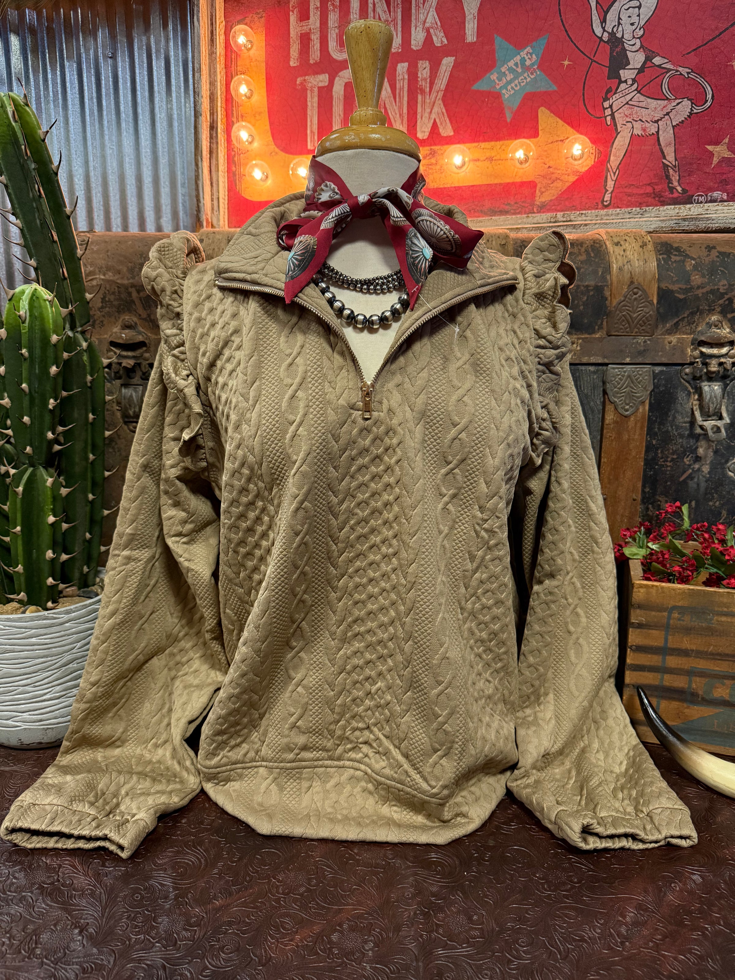 UM Taupe Ruffle Pullover