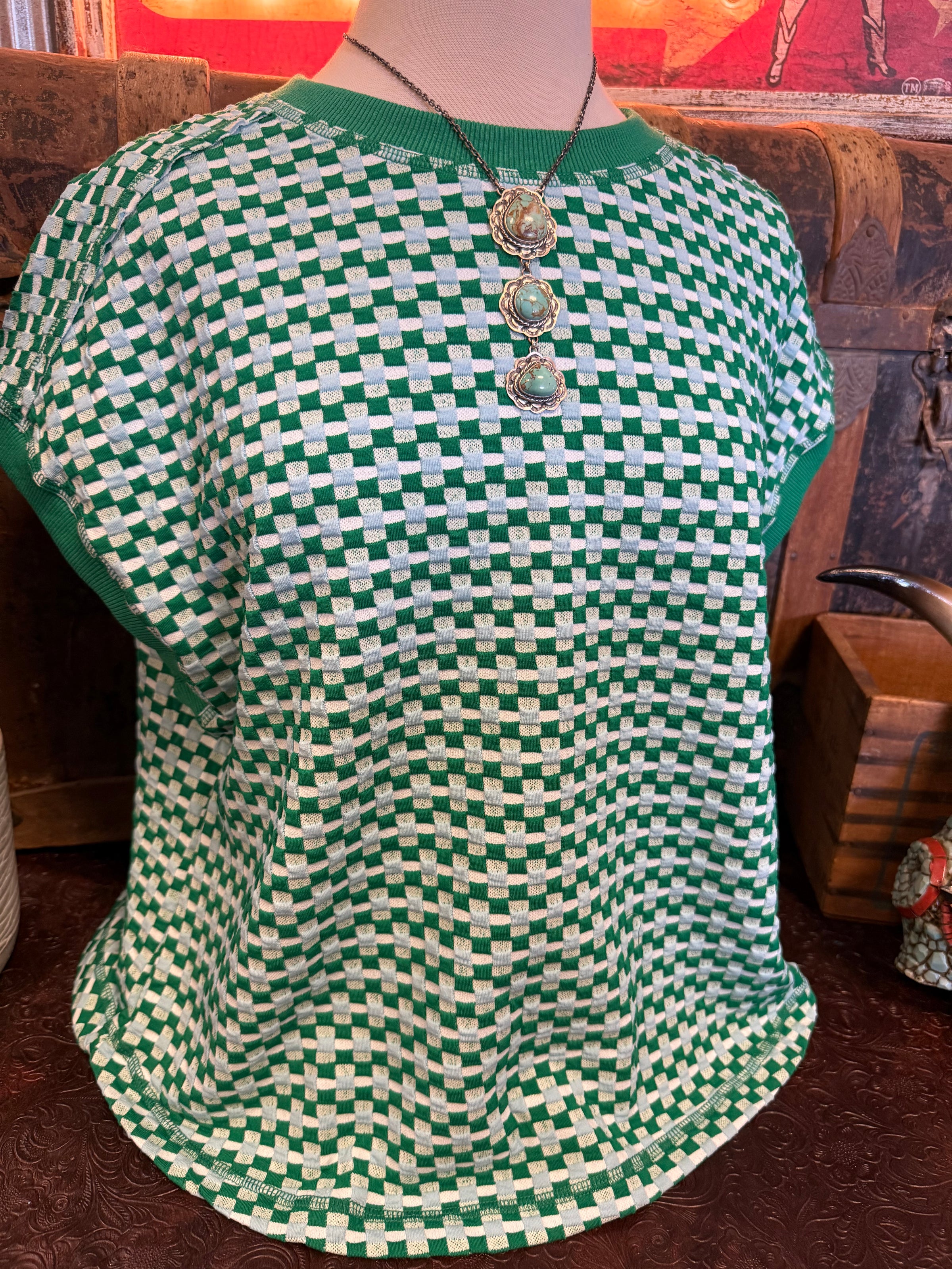 VJ Green Checker Cap Sleeve