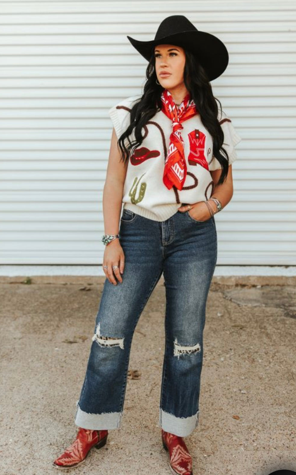 LB White Western Sweater Vest
