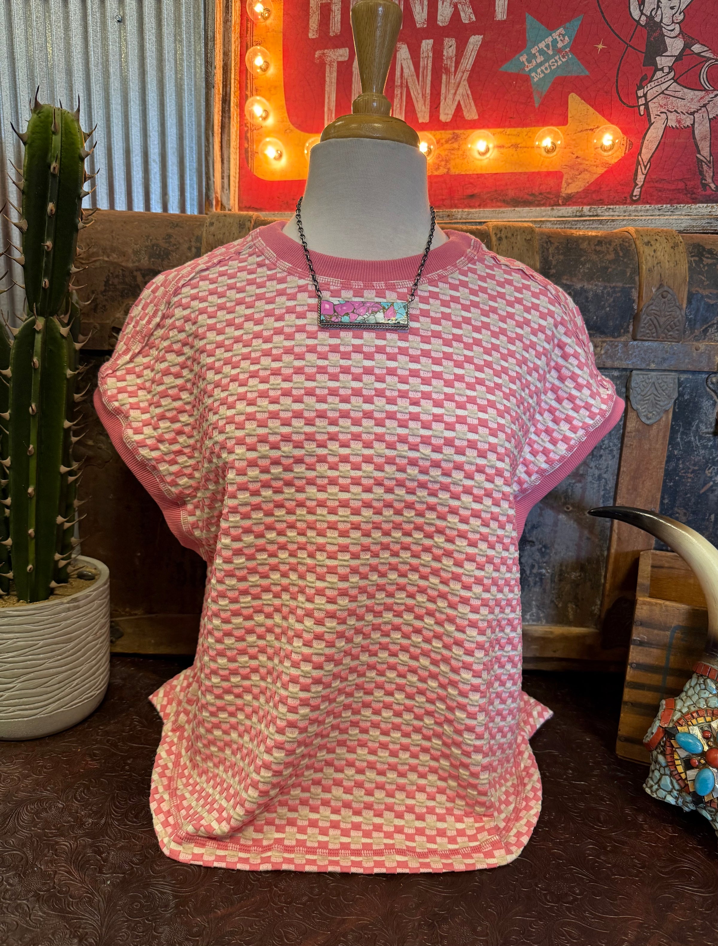 VJ Pink Cream Checkered Top