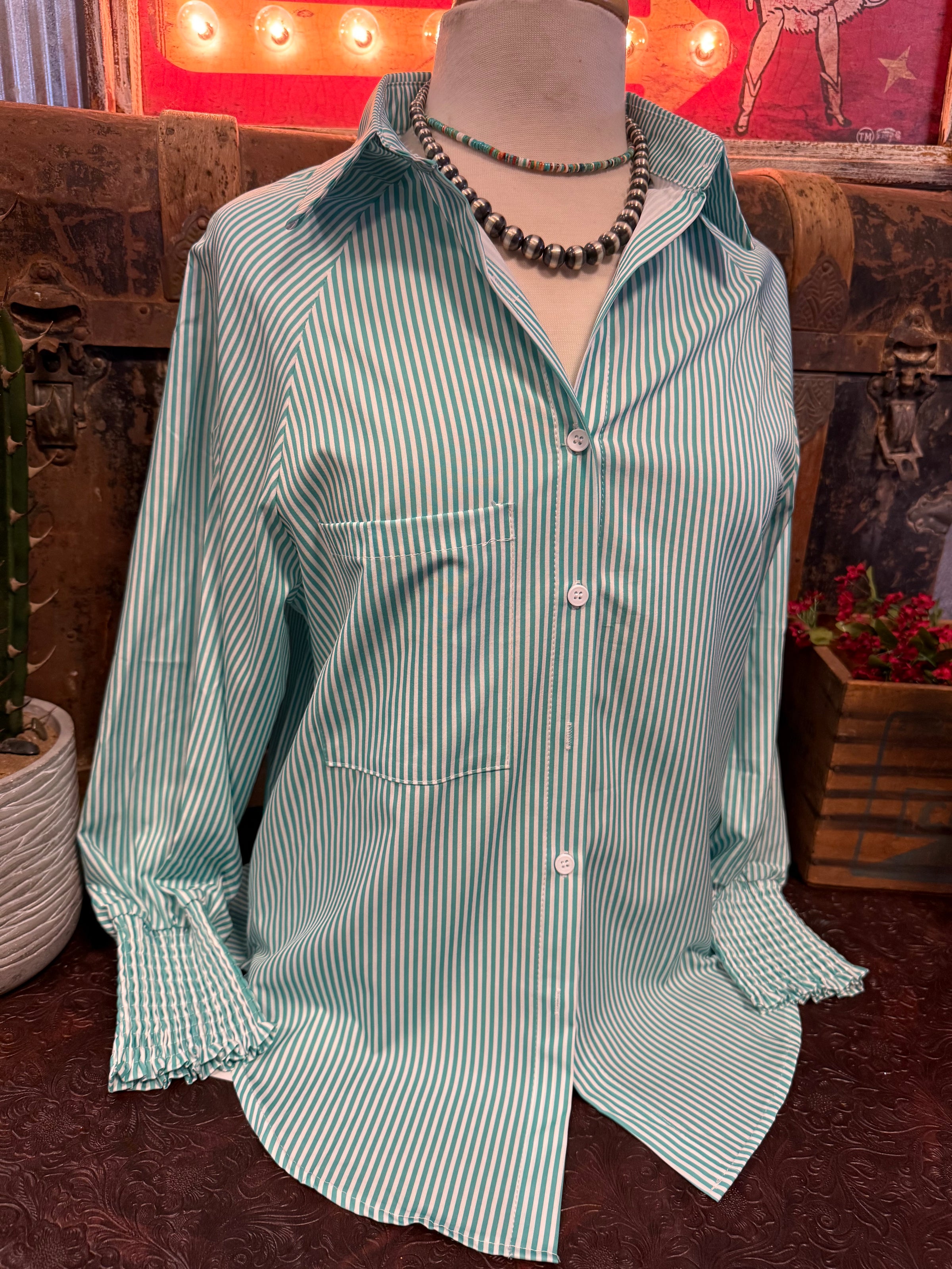 AM Boyfriend Stripe Green Shirt