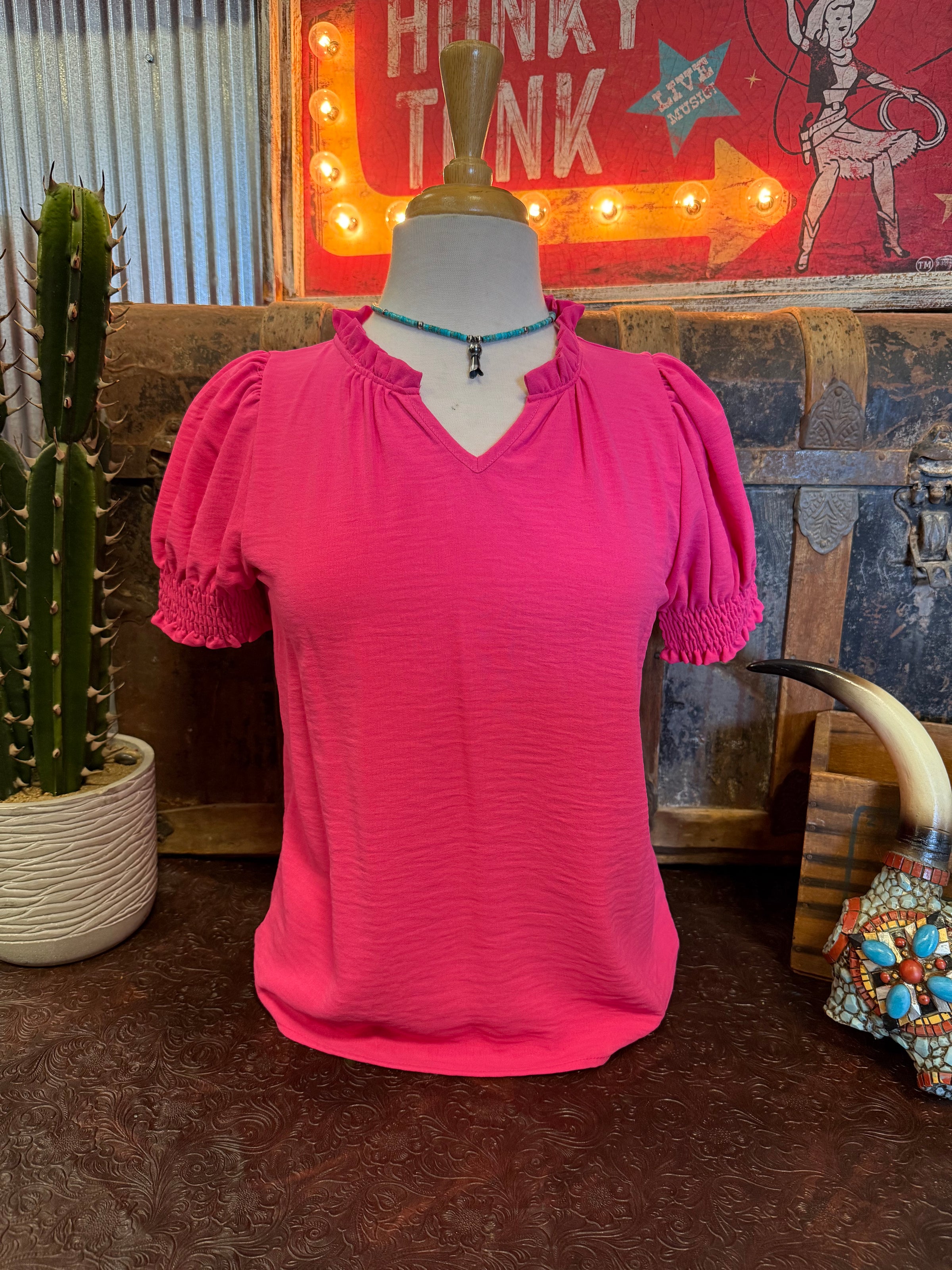LS Hot Pink Vneck SS