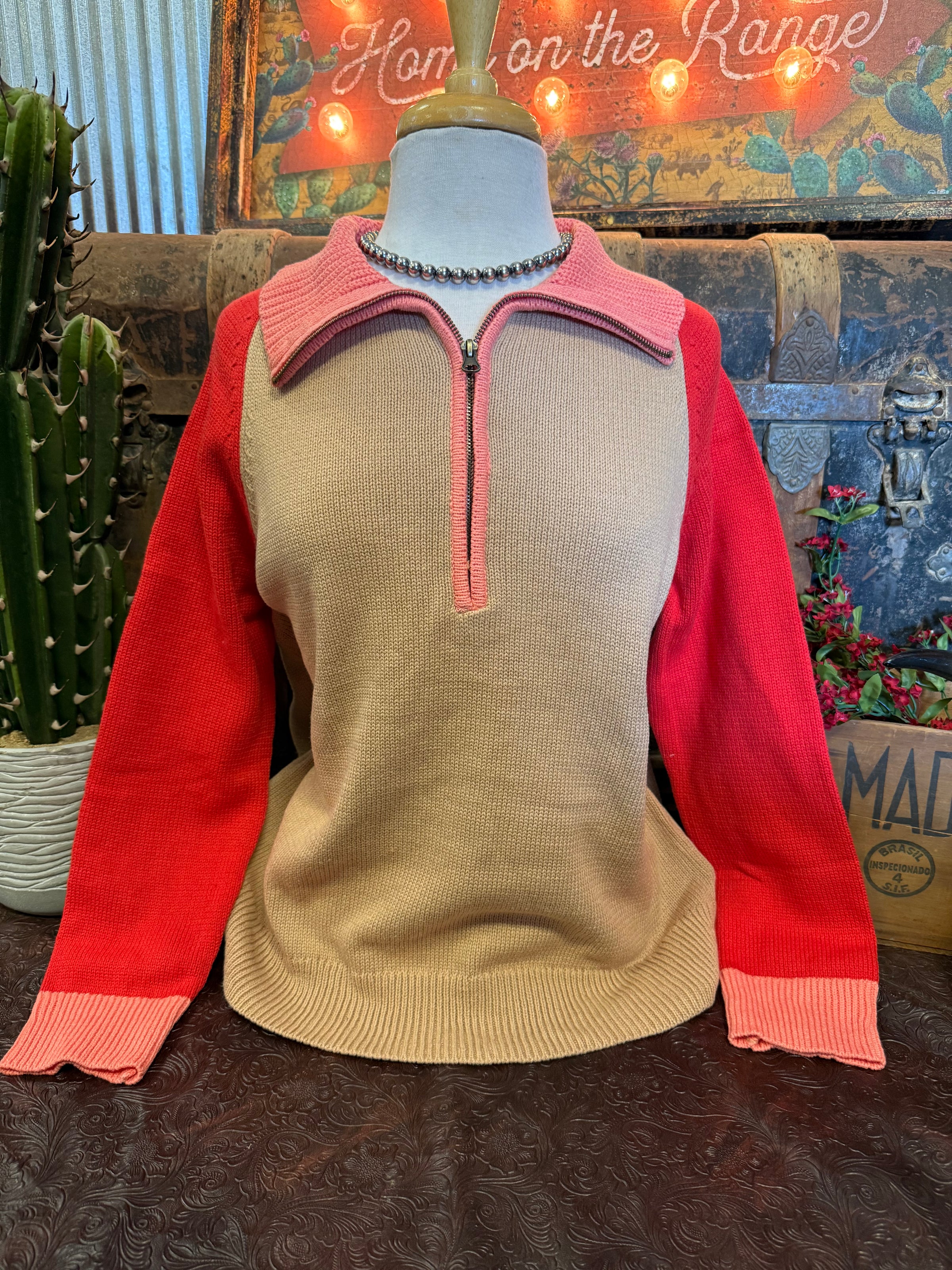 SS Taupe/Red/Pink Sweater