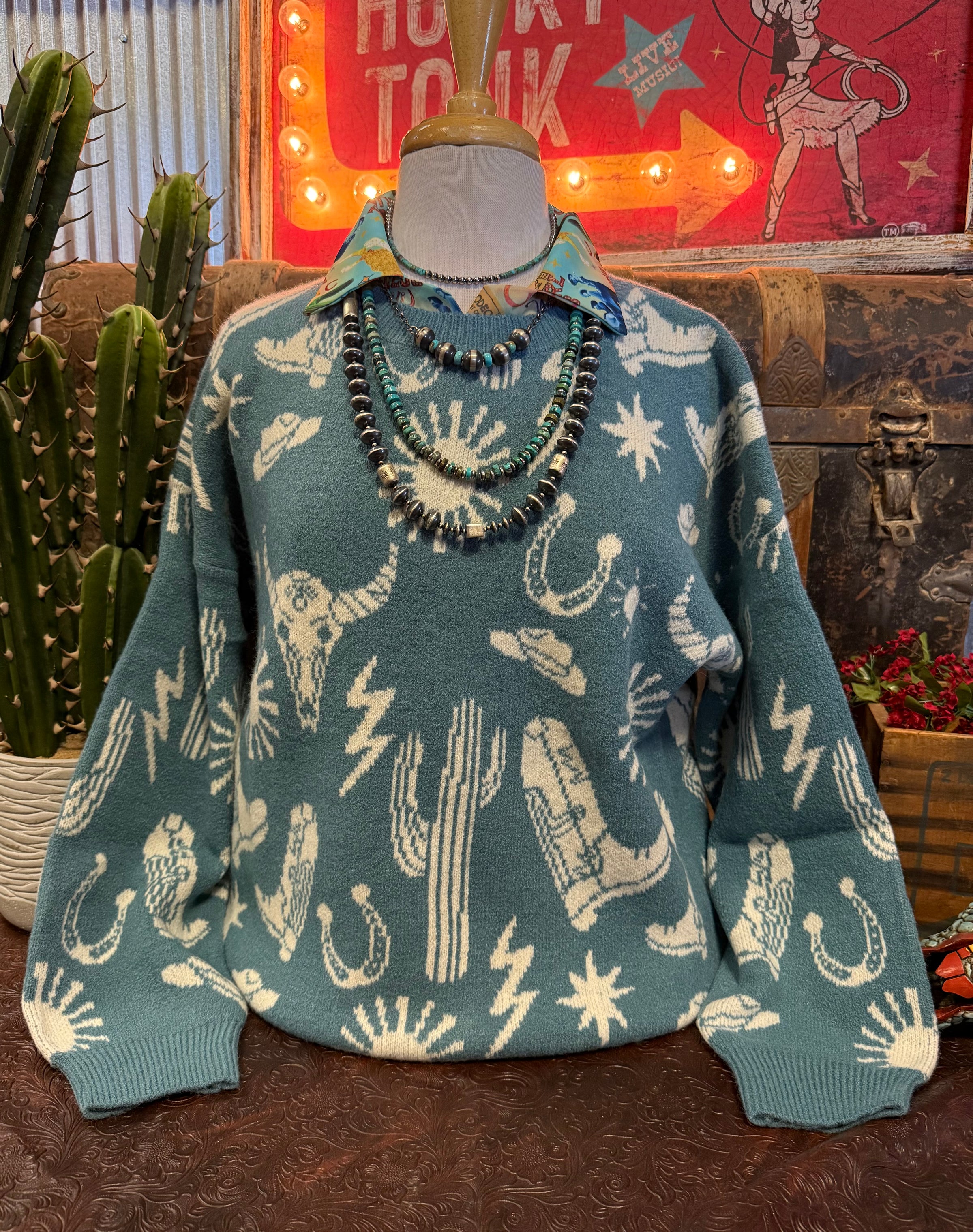 VJ Turquoise Western Sweater