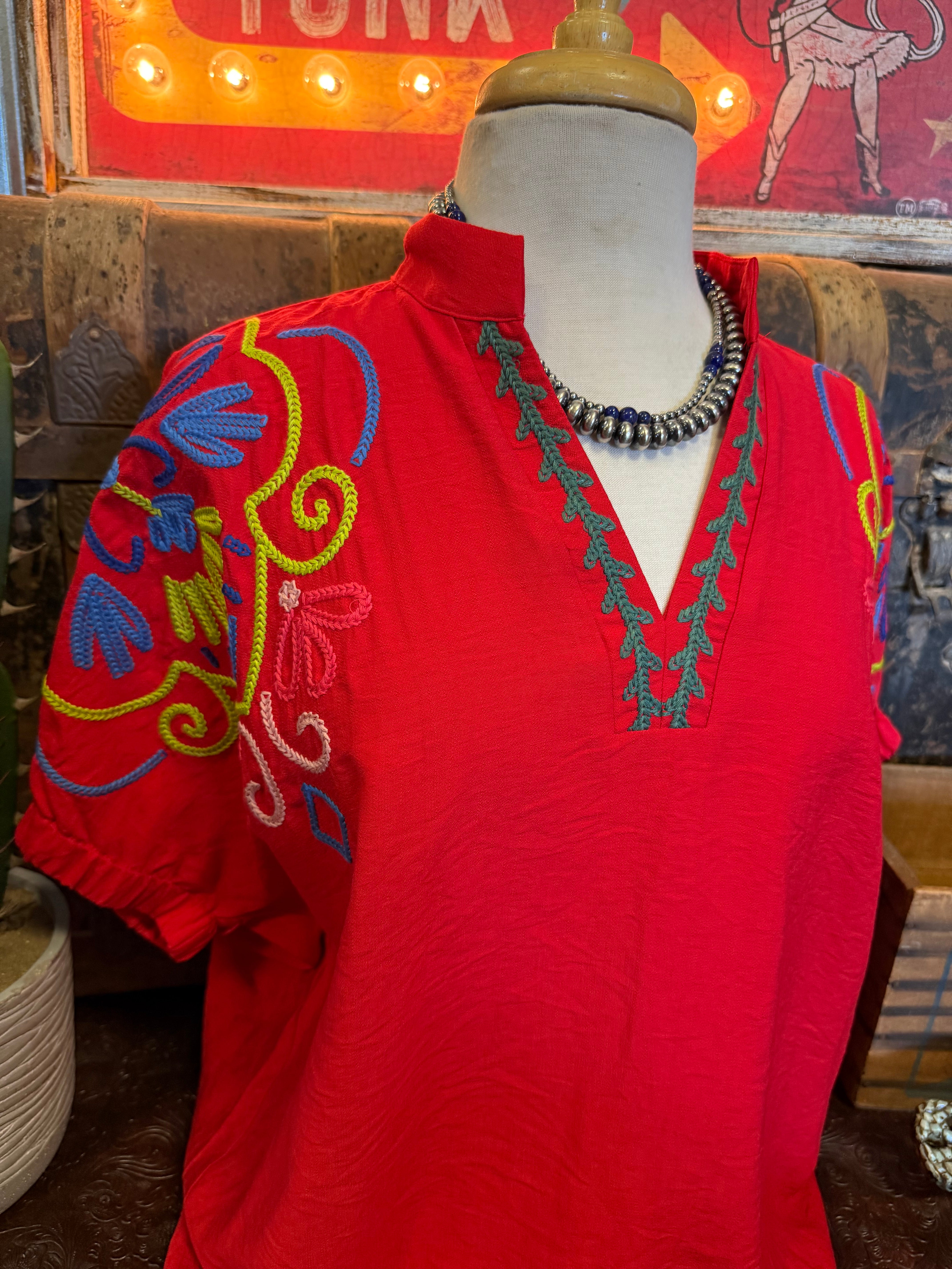 UM Tomato Red Embroidered Top – The Crystal Boot