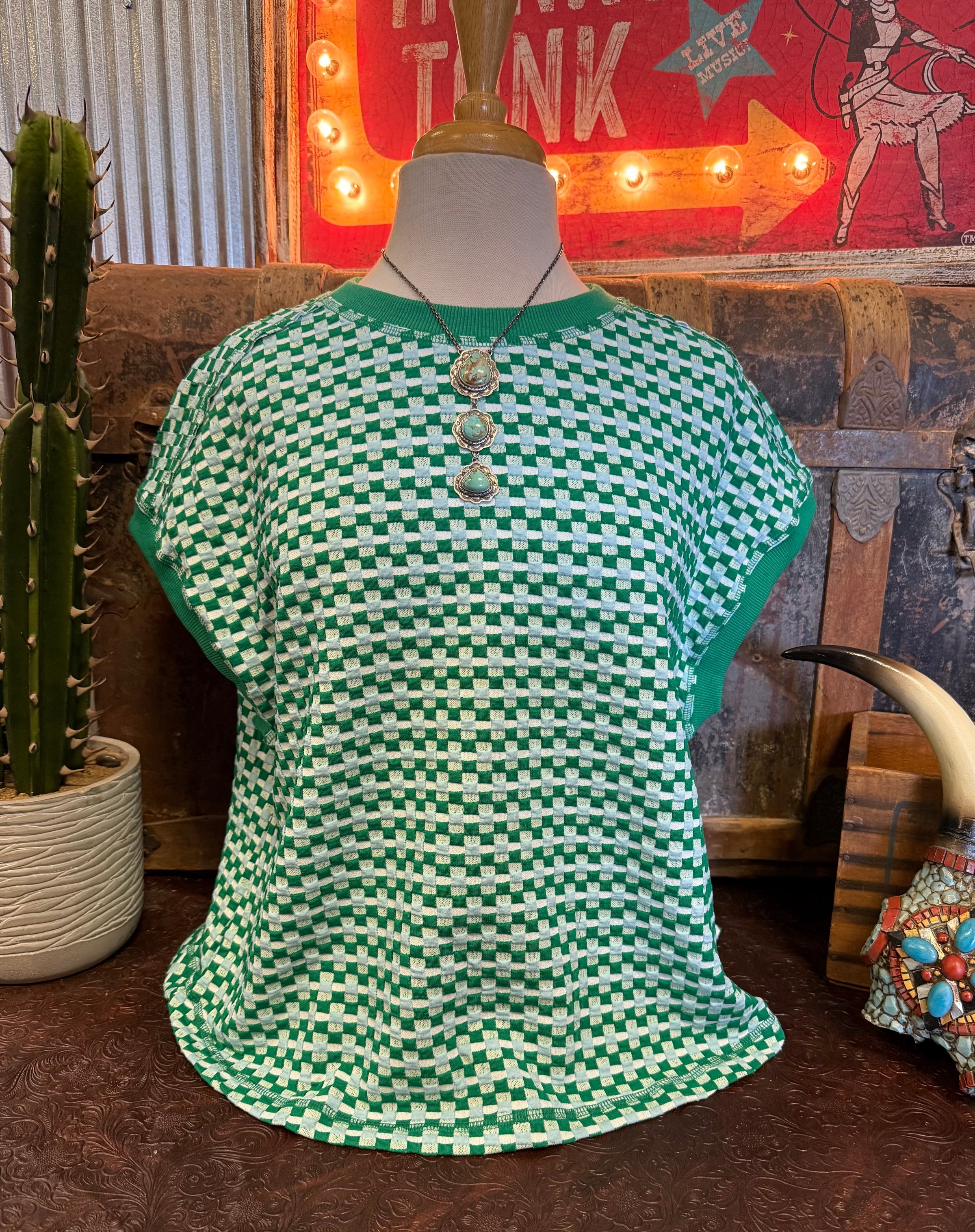 VJ Green Checker Cap Sleeve
