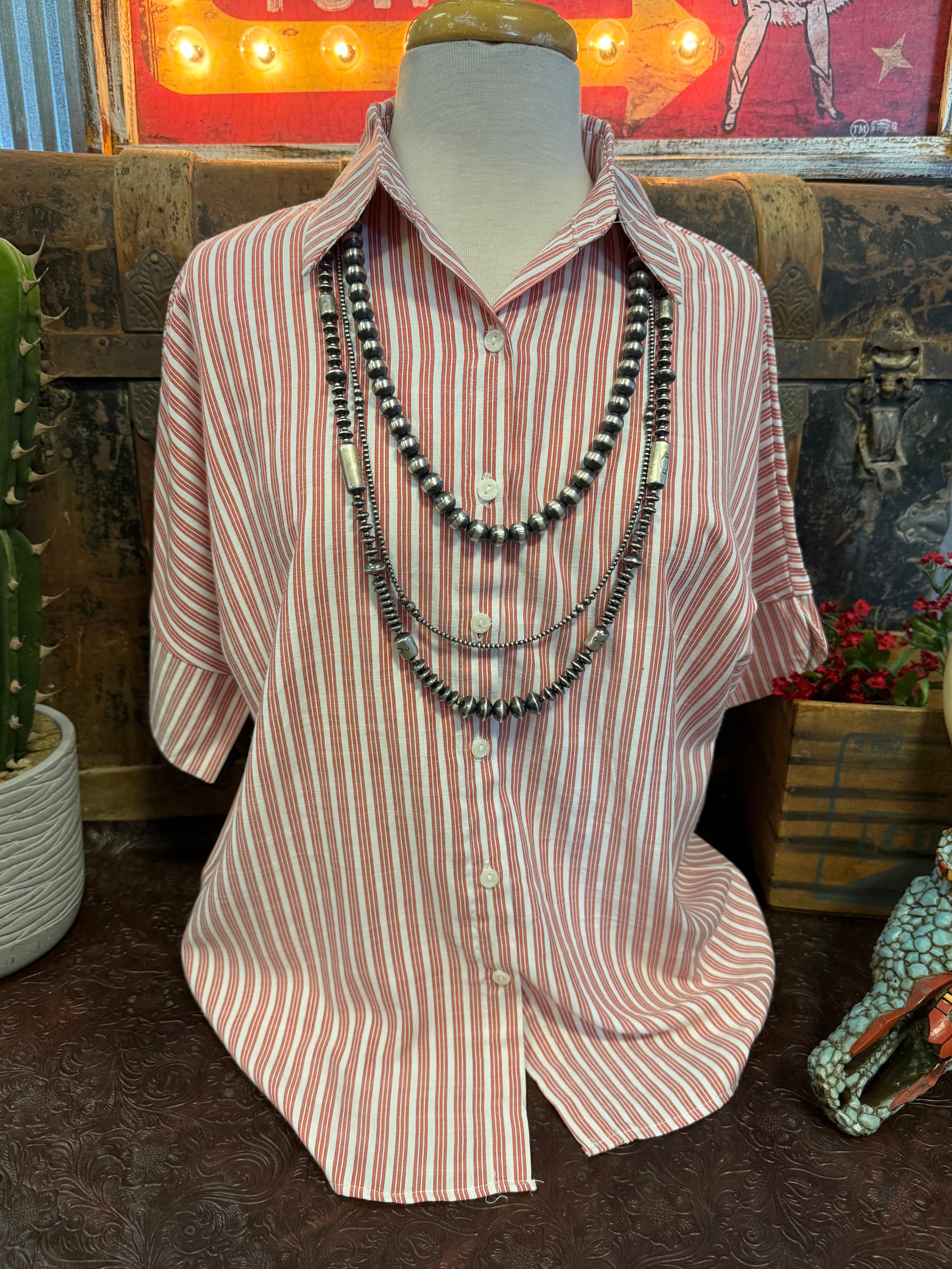 TM White/Red Stripe Button Up SS