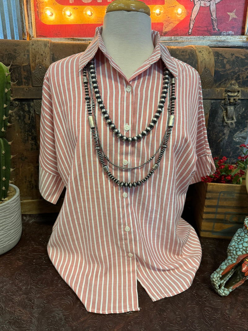 TM White/Red Stripe Button Up SS