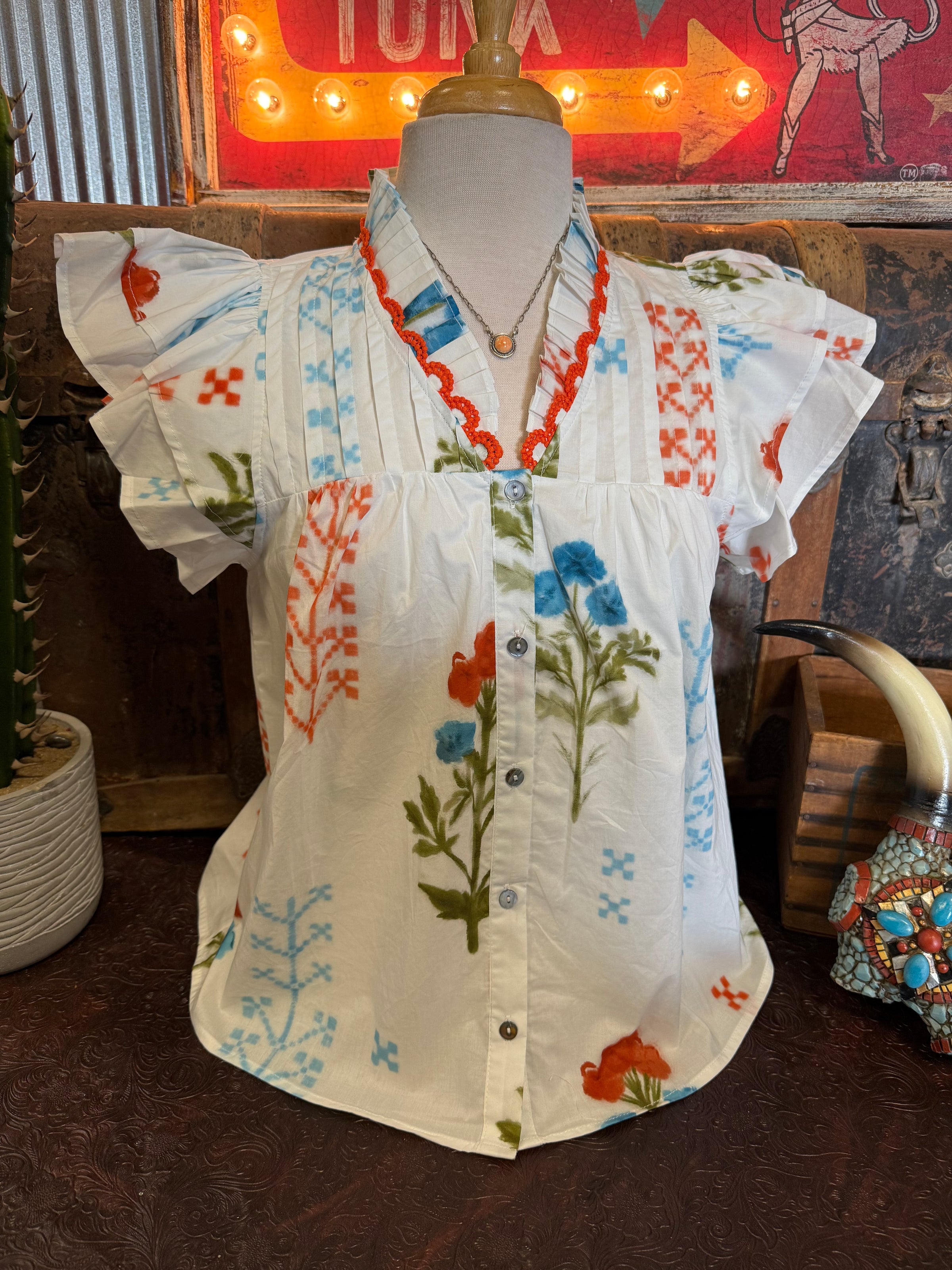 EN Orange Floral Ruffle Top