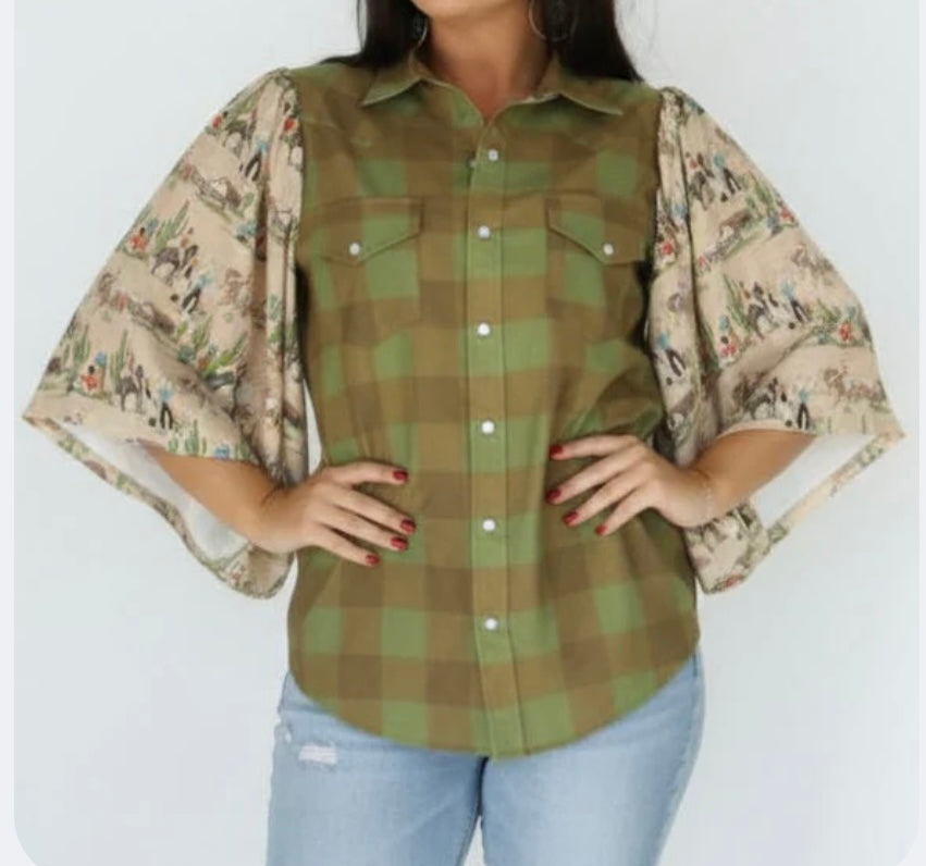TH Green Gingham Wide Top
