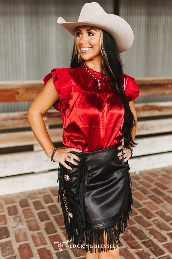 LB Red Satin Ruffle Sleeve