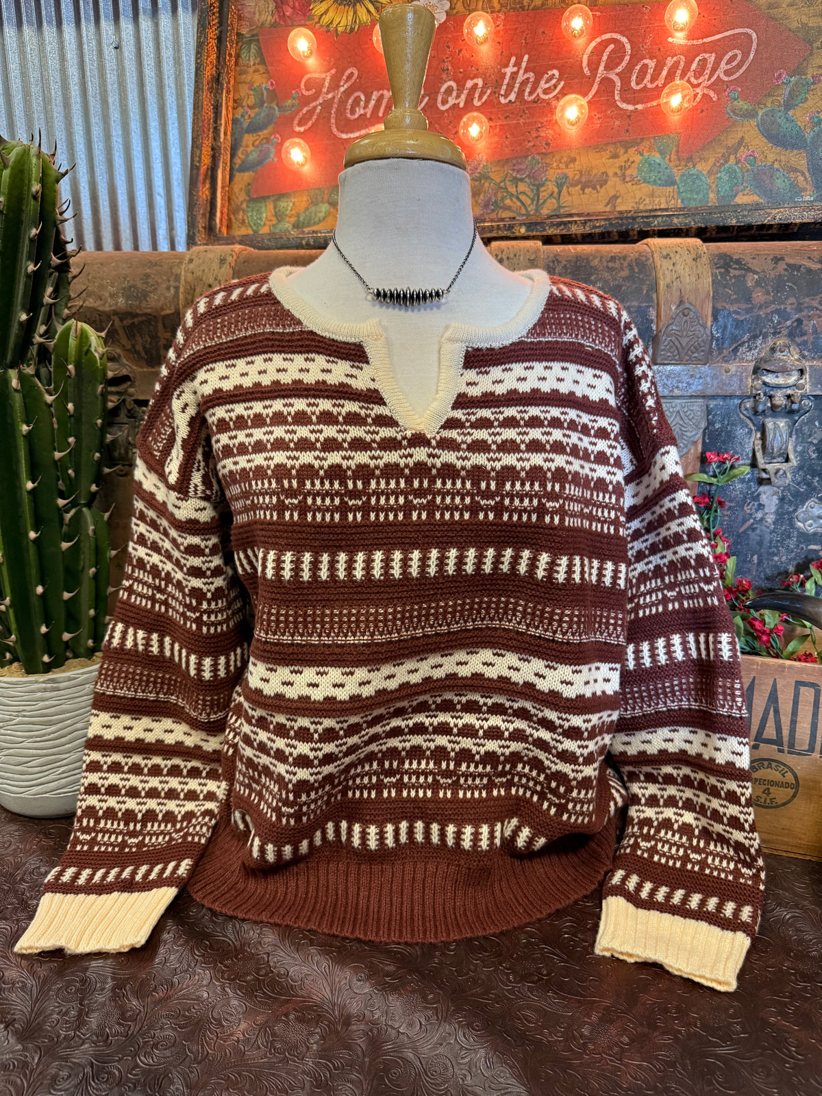 LS Brown Cream Vneck Sweater